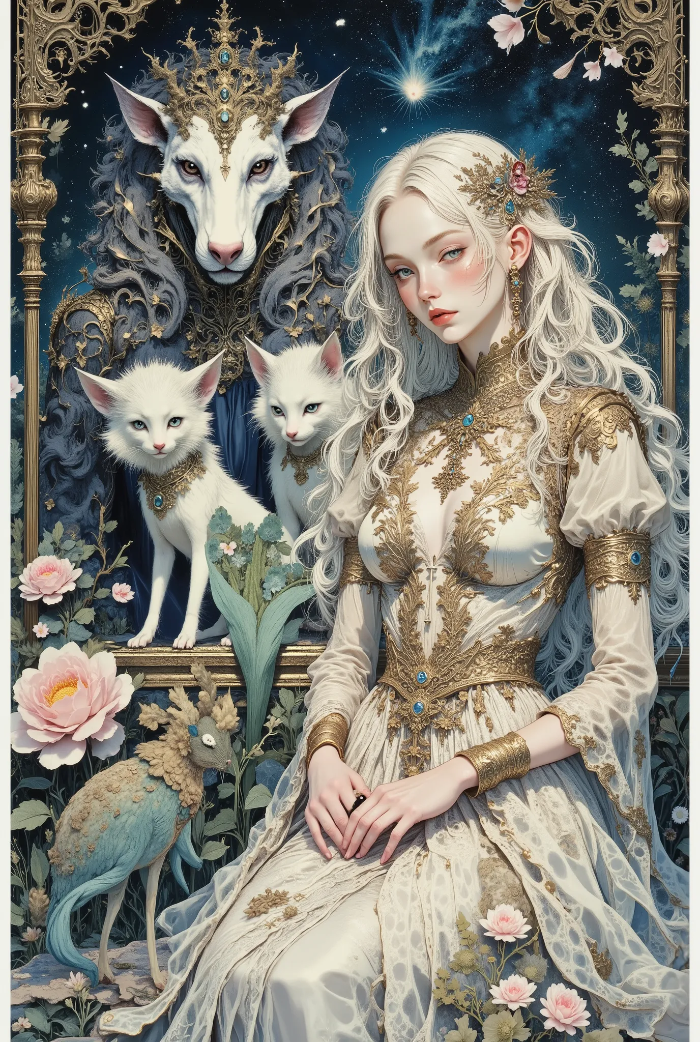 new age world, unique animals, pleiadian girl, pale skin, pale hair, jewelry, beautiful makeup, dresses, space, shimmer, sitting, different nature combined together, grace, hyper image, photorealism, ornate, filigree