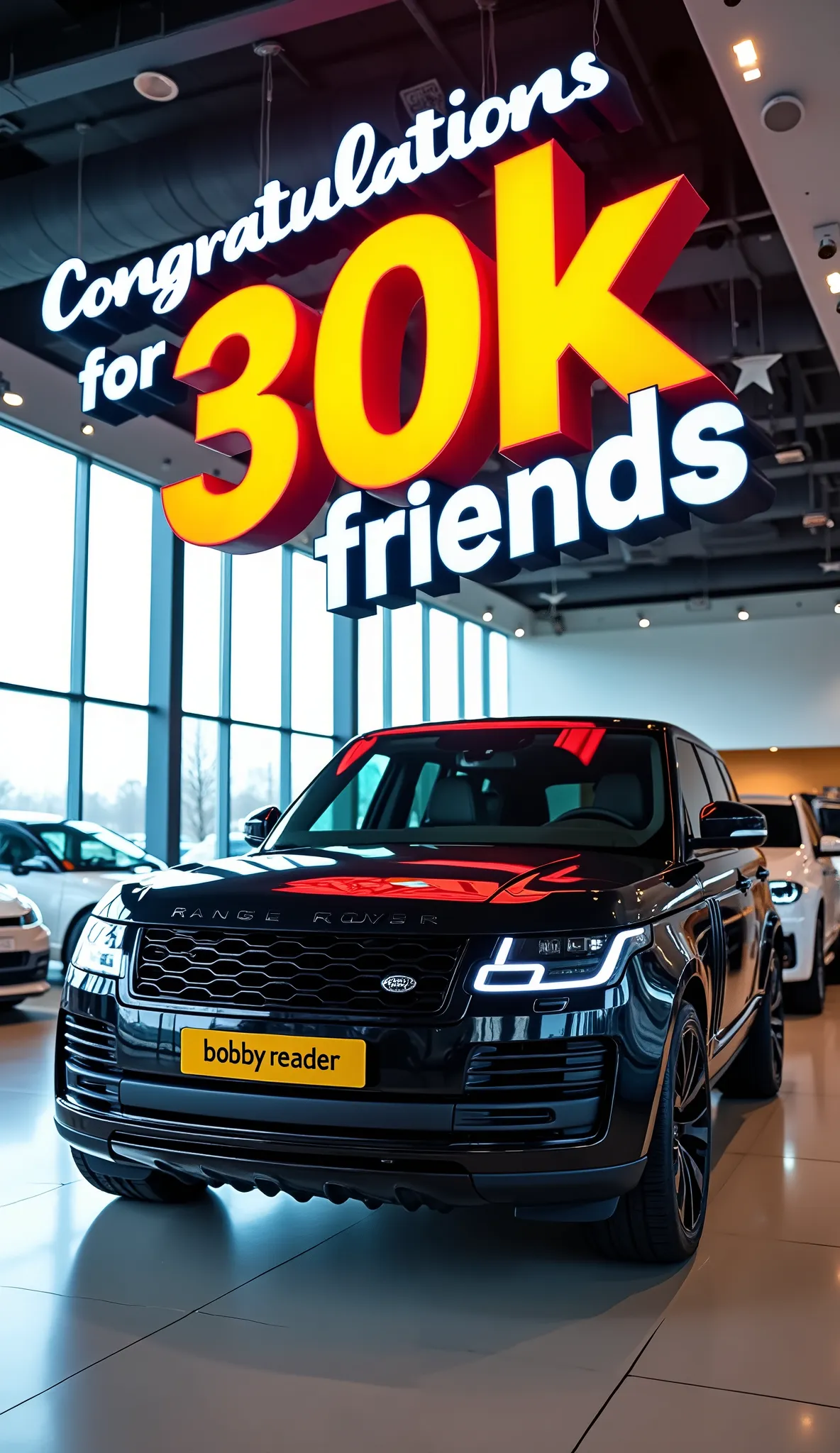 
Create a high-quality daytime scene of a modern car dealership showroom named *"congratulation for 30k friends "*. The showroom should feature contemporary architecture with large glass windows, allowing natural light to illuminate the interior. Inside, d...