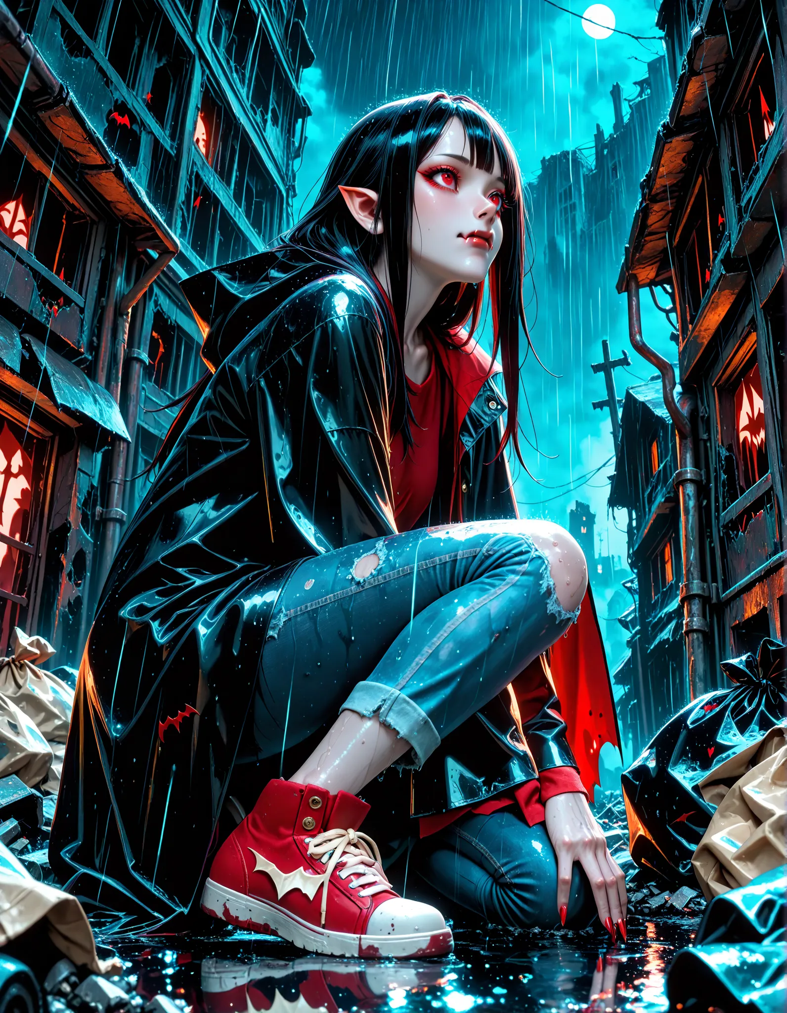Very High resolution,Realistic and mature anime-style,masterpiece,best quality,amazing quality,hyper-detailed,very aesthetic,from side,from below,(A ruined abandoned village:1.3),(A building reduced to rubble),Flooded,Heavy rain falling,Late at night,A fem...