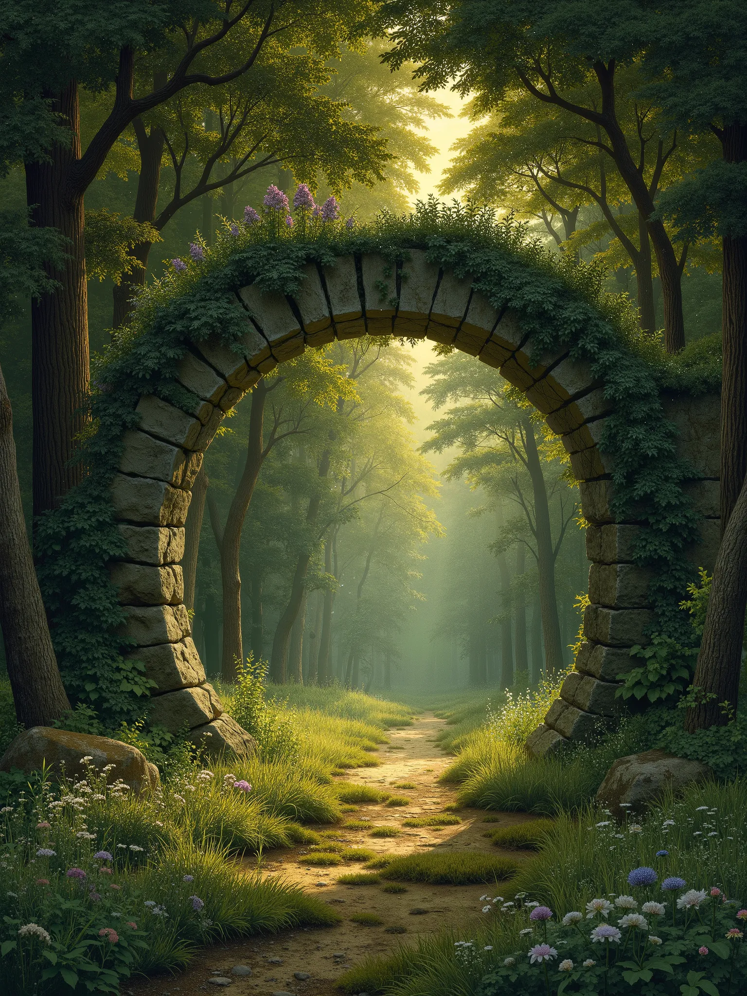 mystical stone round archway covered in ivy and wildflowers, standing in the heart of an ancient forest. Sunbeams stream through the trees, illuminating a mossy path that leads through the gate into the glowing woods. Magical, peaceful atmosphere, with sof...