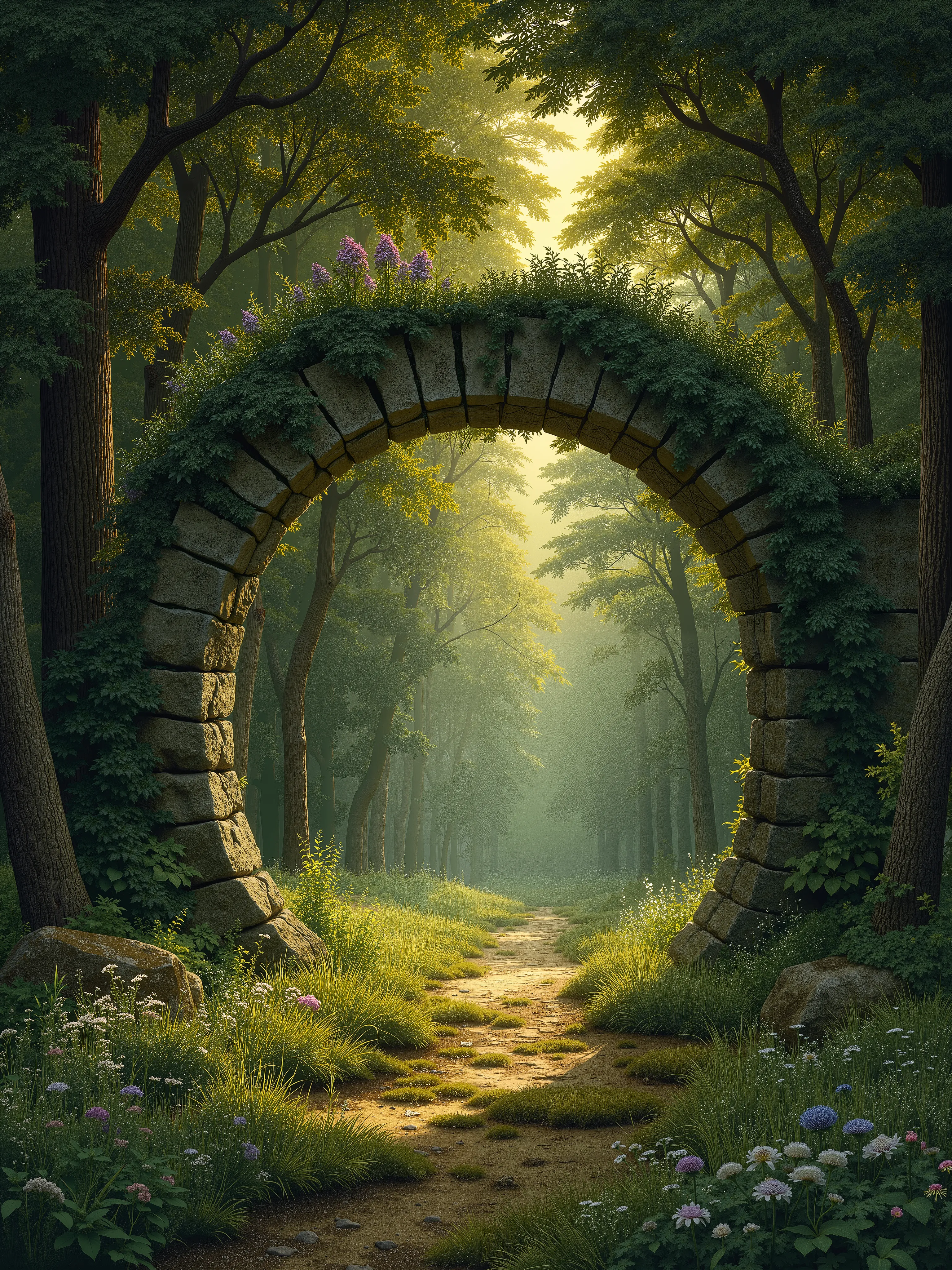 mystical stone round archway covered in ivy and wildflowers, standing in the heart of an ancient forest. Sunbeams stream through the trees, illuminating a mossy path that leads through the gate into the glowing woods. Magical, peaceful atmosphere, with sof...