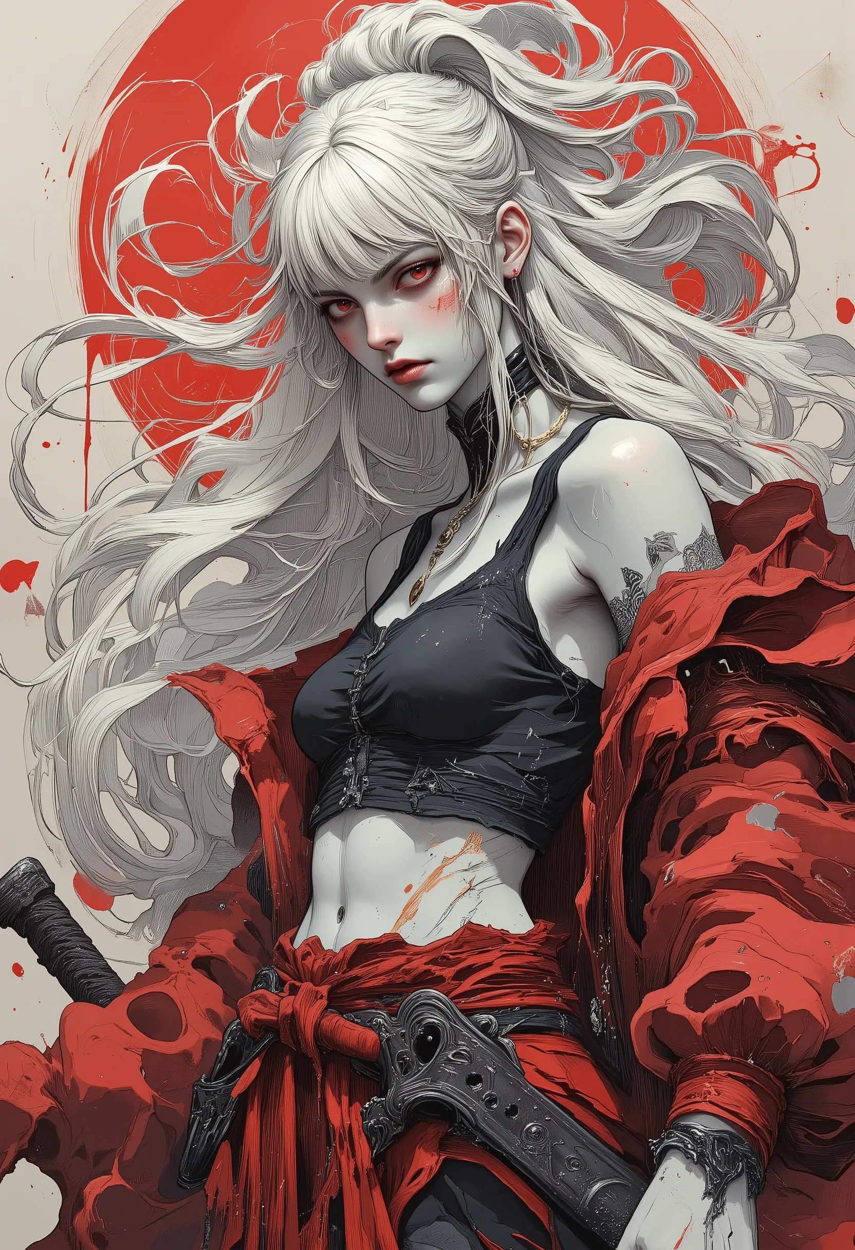 d((1 girl:1.5)),( white hair,long hair,sidelock,parted bangs,red eyes,black tanktop,red jacket,red skirt,black pantyhose,abs,exposed shoulders:1.5) (Katana,action pose,sinister smile,full body,dynamic pose, foreshortening, extreme perspective,low angle:1.5...
