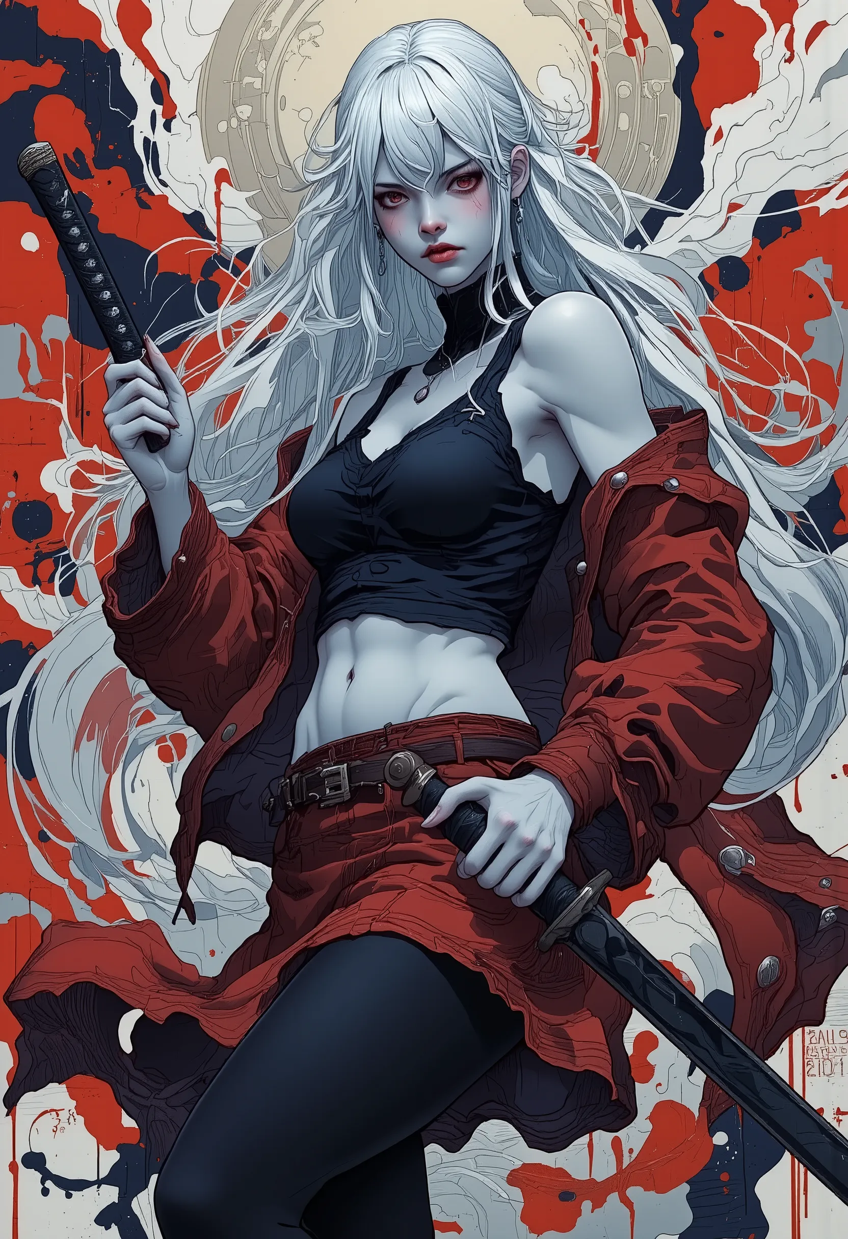 d((1 girl:1.5)),( white hair,long hair,sidelock,parted bangs,red eyes,black tanktop,red jacket,red skirt,black pantyhose,abs,exposed shoulders:1.5) (Katana,action pose,sinister smile,full body,dynamic pose, foreshortening, extreme perspective,low angle:1.5...