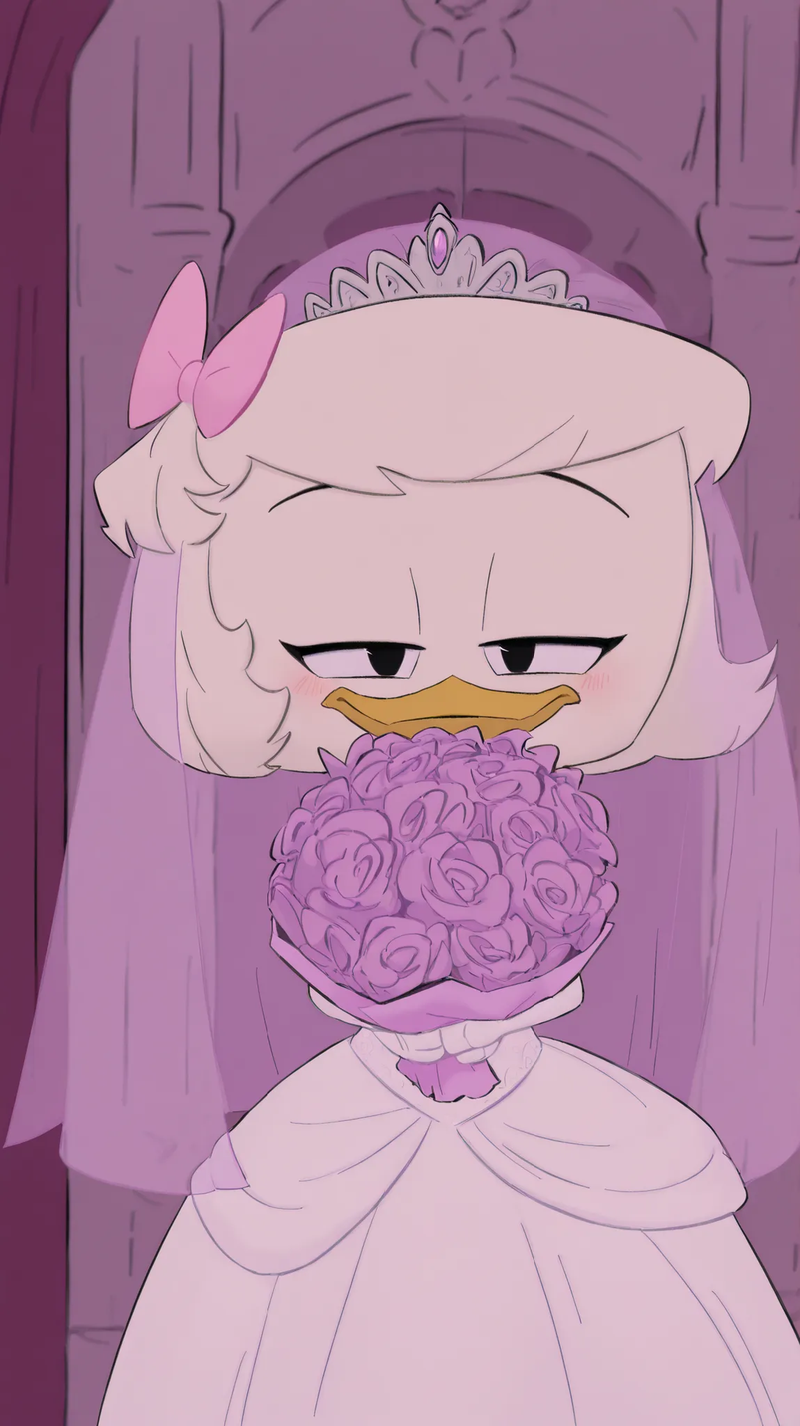 (Por sakura);(1girl);(Webby_Vanderquack); pato zooantropomorfo, Chanel white hair, peitos grandes, de frente, sorriso aberto, pink wedding dress, a purple veil over the head, holding a bouquet , looking at the viewer, kissing position, olhos reluzentes,(f...
