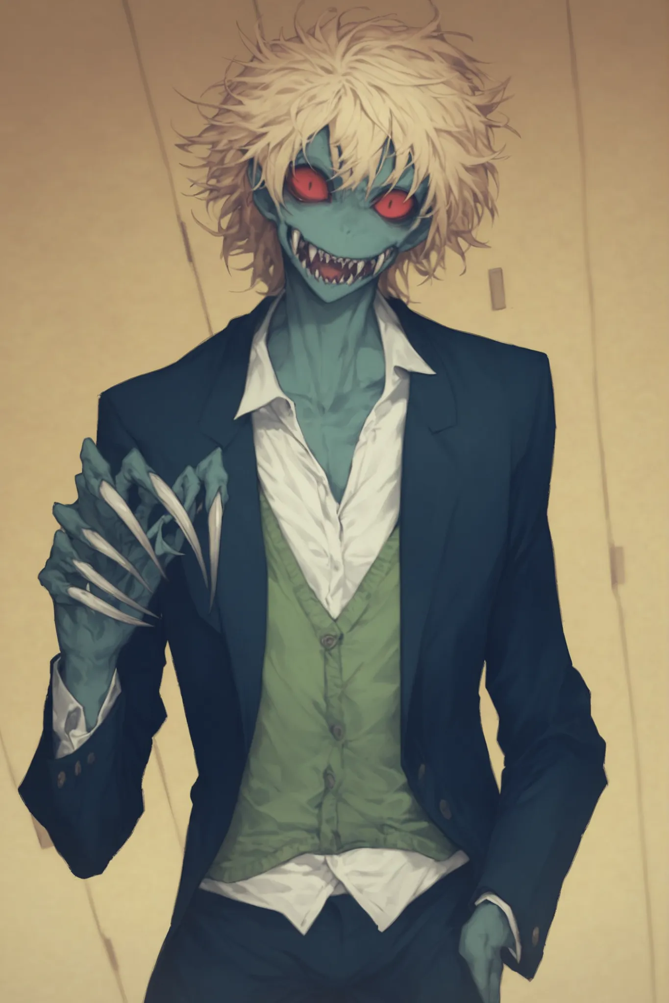 1boy, anime style, monstrosity, monster, abomination, sharp teeth, jaw, red eyes, red sclera, round eyes, teal skin colour, murky skin, blonde hair, messy hair, unkempt hair, short hair, standing, claws, long claws, sharp claws, hunched, school uniform, da...