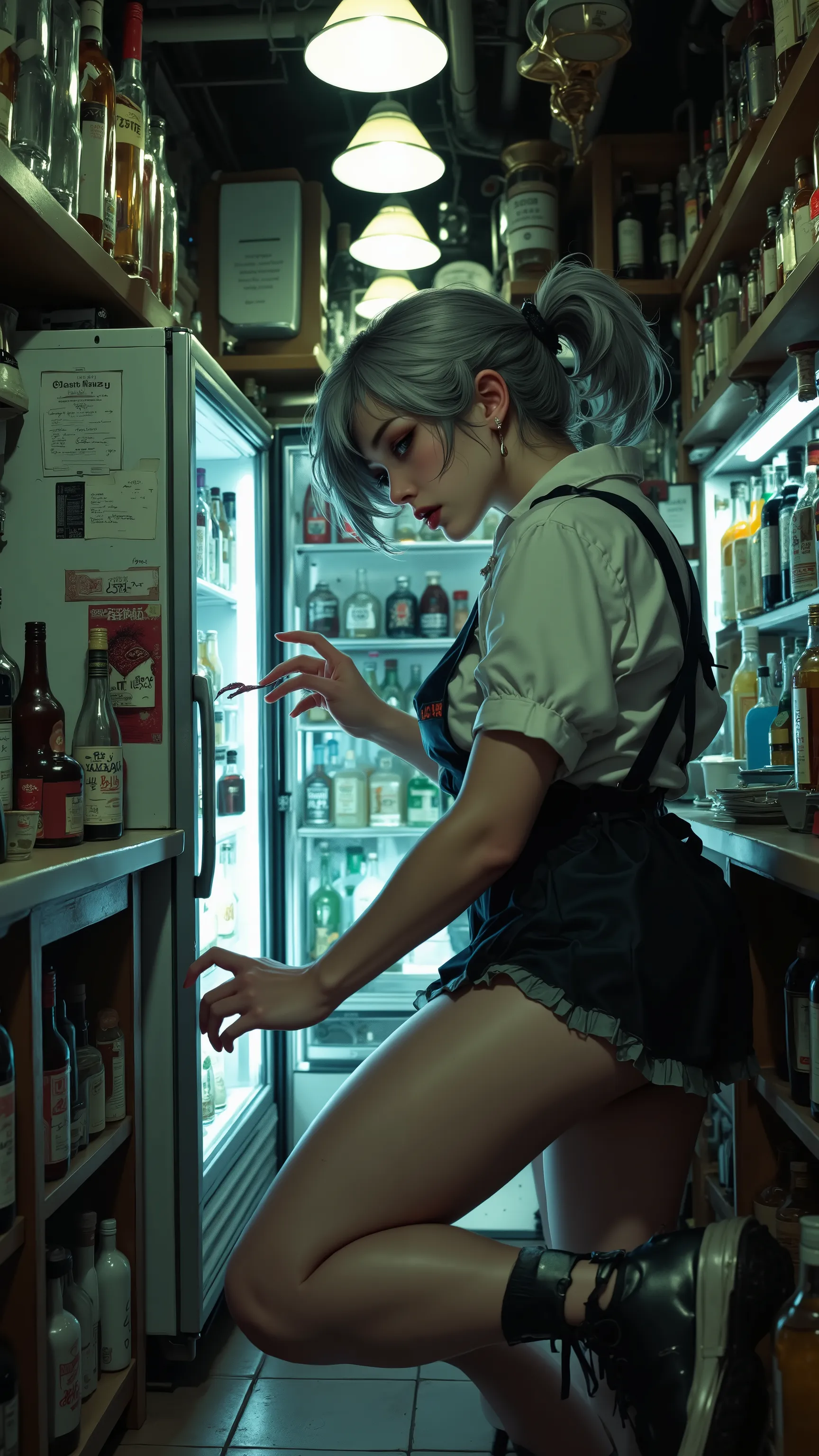 Beautyfull side view lovely grey hair girl alcohol shop assistant  kicking evil sharp teeth  fridge with muay thau frontkick , side view , manga hyper effects, funny expression, fuck alcohol hyper vibe