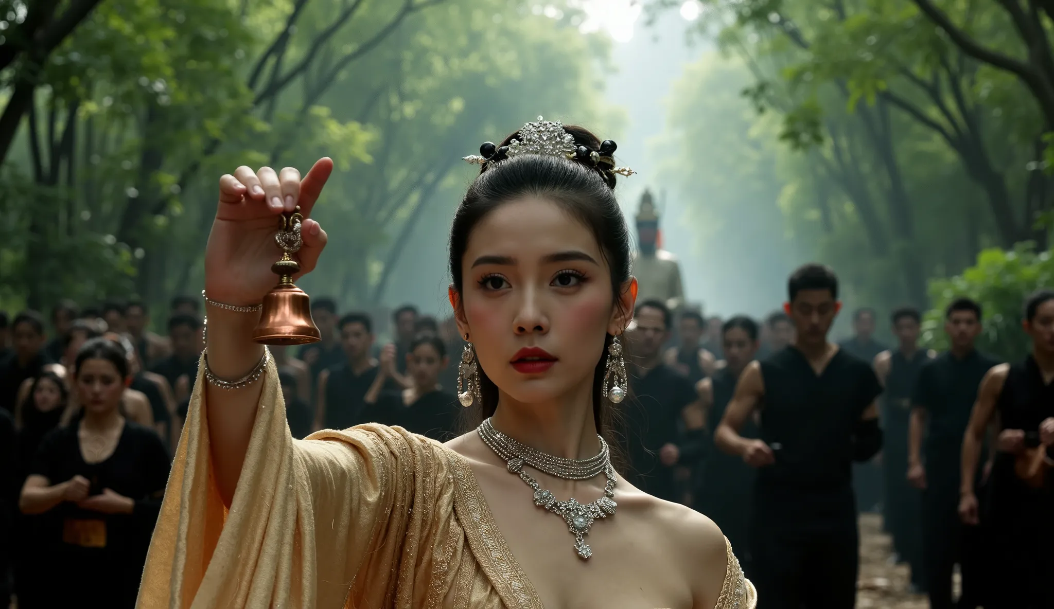 Amid the mysterious jungle atmosphere, an oriental girl in a magnificent native dress is the main character. She kept her classic boxy hair, adorned with small silver flowers and exquisite silver hairpins, wore necklaces, earrings and other jewelry made of...