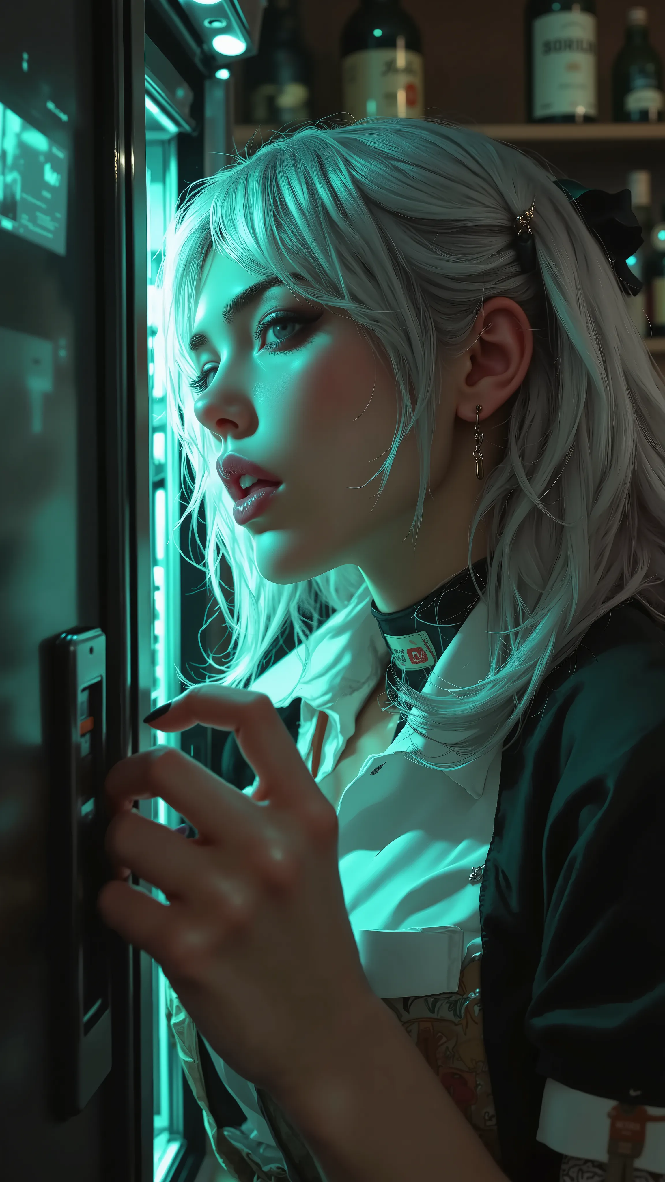 Beautyfull side view lovely grey hair girl alcohol shop assistant  kicking evil sharp teeth  fridge with muay thau frontkick , side view , manga hyper effects, funny expression, fuck alcohol hyper vibe