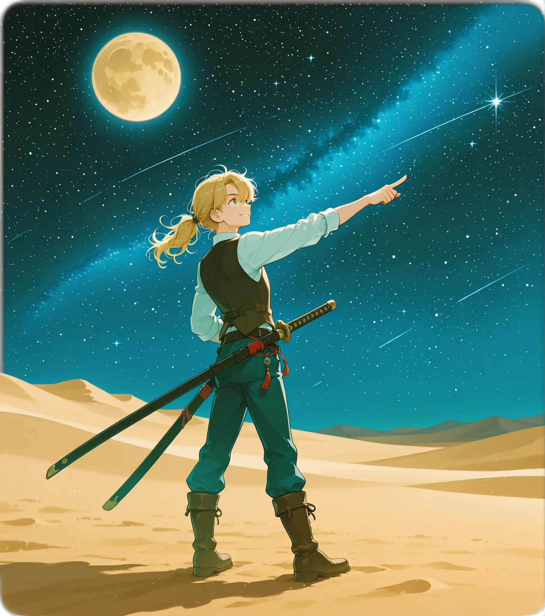 1boy, male_focus, solo, blonde_hair, weapon, sword, full_body, transparent_background, katana, boots, pointing, smile, vest, moon, star_(sky), sky, desert, scenery, night, sand, starry_sky, night_sky, outdoors, full_moon
