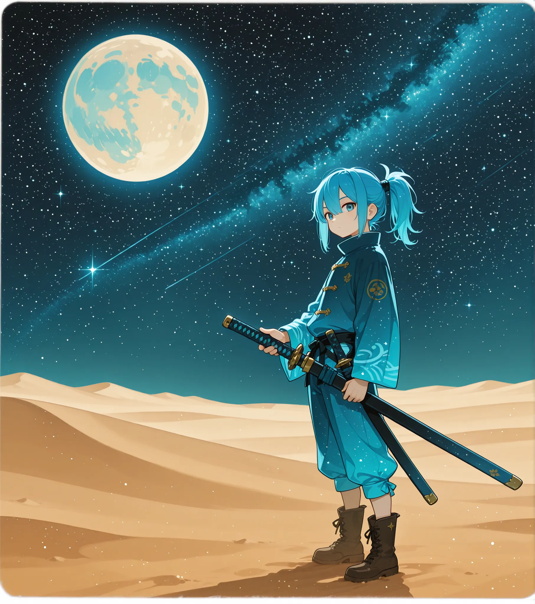 1boy, solo, male_focus, weapon, sword, blue_hair, katana, sheath, full_body, transparent_background, holding, boots, ponytail, holding_weapon, long_sleeves, looking_at_viewer, holding_sword, standing, sheathed, moon, star_(sky), sky, desert, scenery, night...