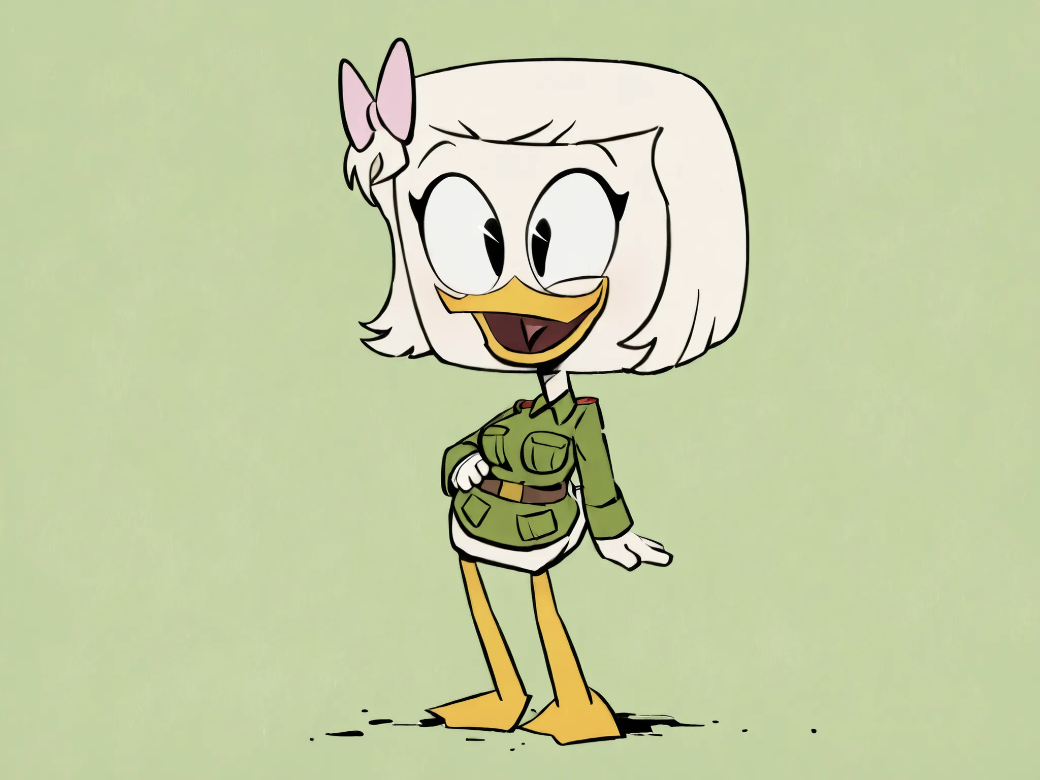 (By sakura),(yellow-green background),(1girl),(Webby_Vanderquack), zooanthropomorphic duck, white bobbed hair, black eyes, yellow duck beak, white body covered in feathers, large breasts, yellow legs, webbed feet, raised hips, hand on waist, military unifo...