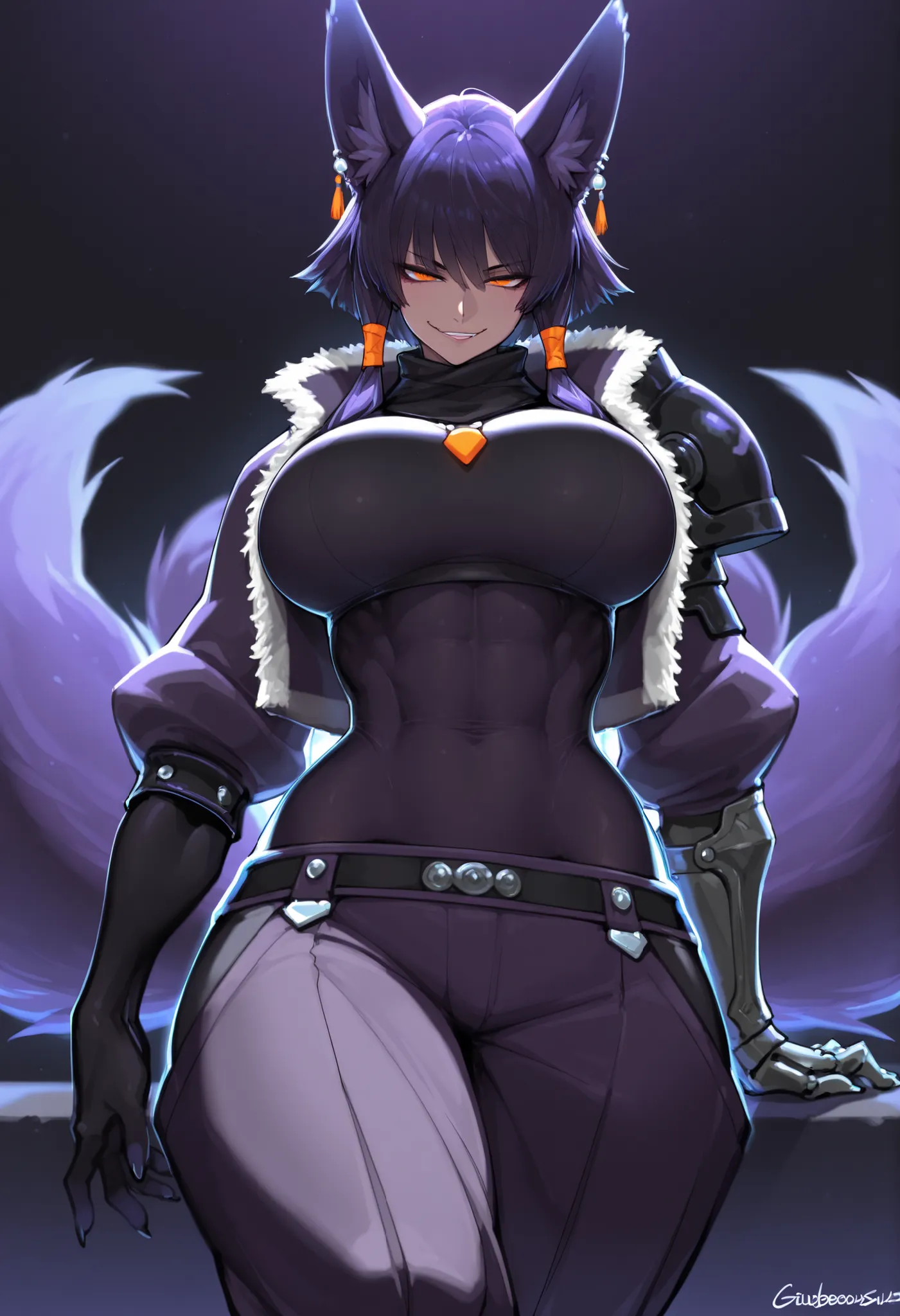 gorgeous kitsune girl, beautiful face, kitsune, hair of ash-purple color, beautiful woman, orange eyes, slit pupils, volputrous body, toned woman, curvy and athletic, fox ears, short hair, dark adventurer jacket, buggy pants, single pauldron, single vambra...
