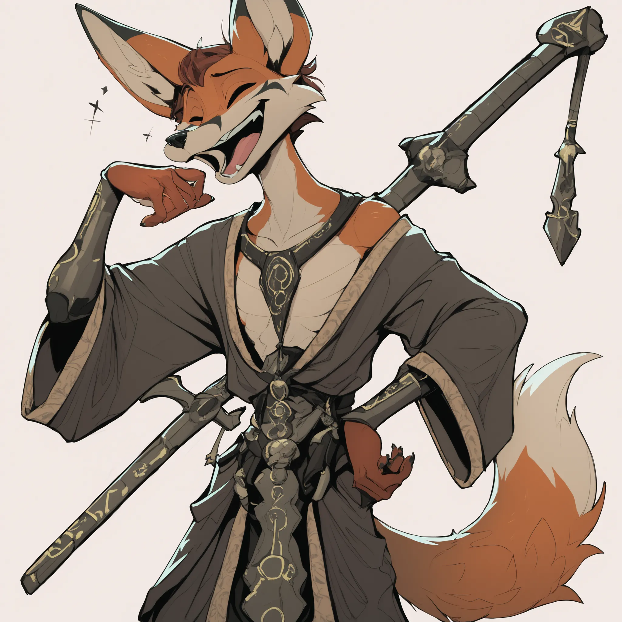 S2Z0n1c21.5XL style, male, eyes closed, laughing, slim, short hair, 
big ears, long snout, necron, orange fox, anthro,