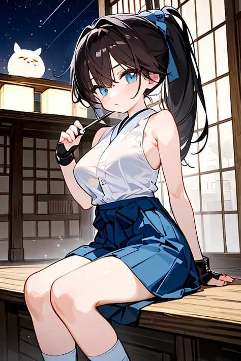 Ninja,Beautiful girl,cool x ponytail,masterpiece,undershirt visible, natural body,fingertip gloves,((sleeveless kimono x puffy hakama pants)), socks,Detailed Clothes,(Slender Body,marshmallow breasts ),beautiful dark hair,Clear light blue eyes,well-groomed...