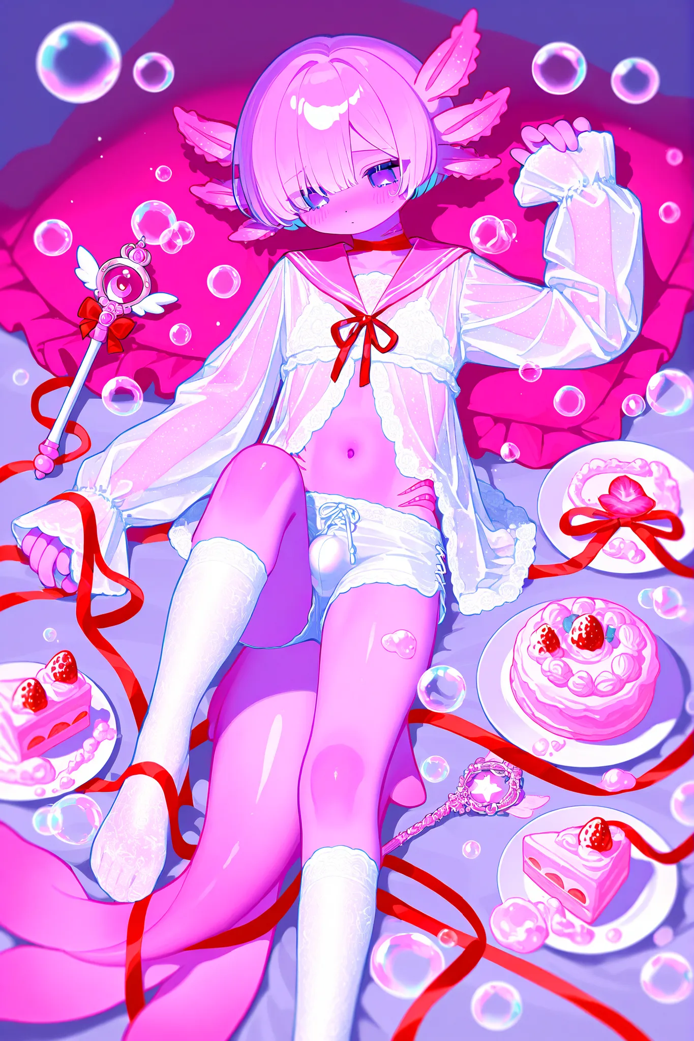 (male/boy character) The femboy idol. Beastman/furry/anthropomorphic axolotl. He has light pink skin covered with blush. He has a petite, flat-chested androgynous body structure. He has two-tone blue-purple eyes. He has pink short hair with Two-block boys'...