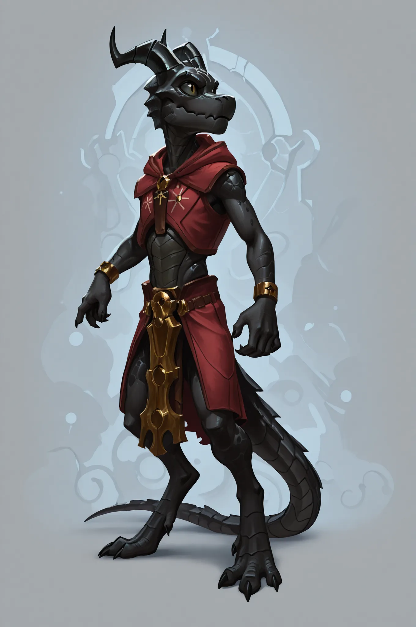 Necron ,kobold, black scales, archer, hood, horns, fullbody art, solo, lean,