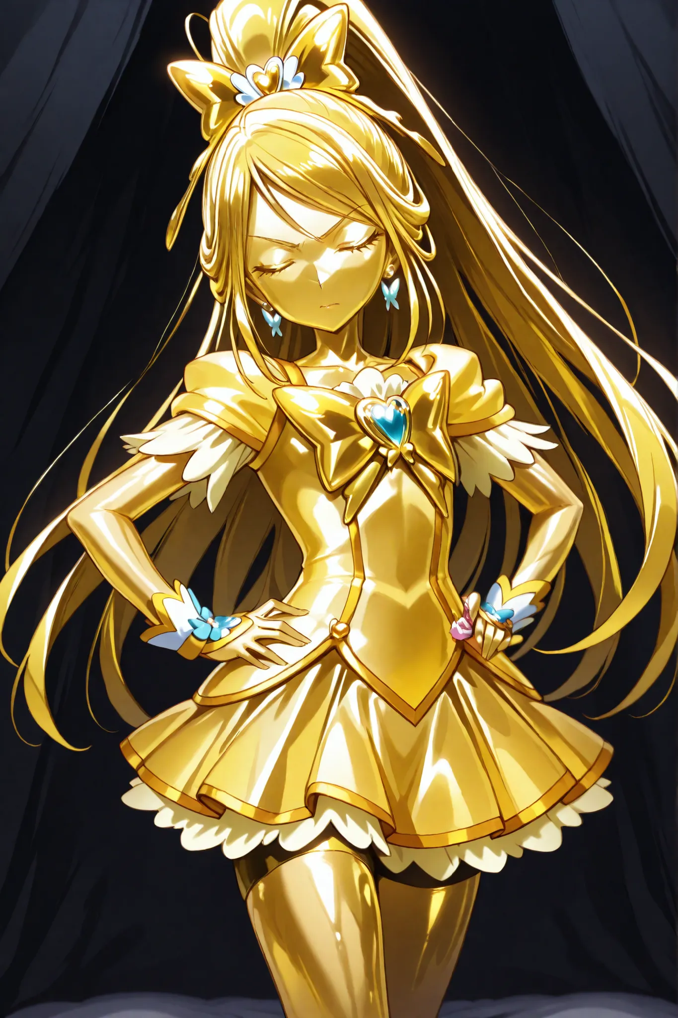 Cure Aqua, masterpiece, best quality, Newest, very high resolution, closed eyes, yellow hair,  yellow sclera, closed mouth, No students, Yellow skin, shiny skin,  metal skin, Black eyebrows, 1girl, solo, cowboy shot, standing, dynamic, viewers, I'm sleepin...