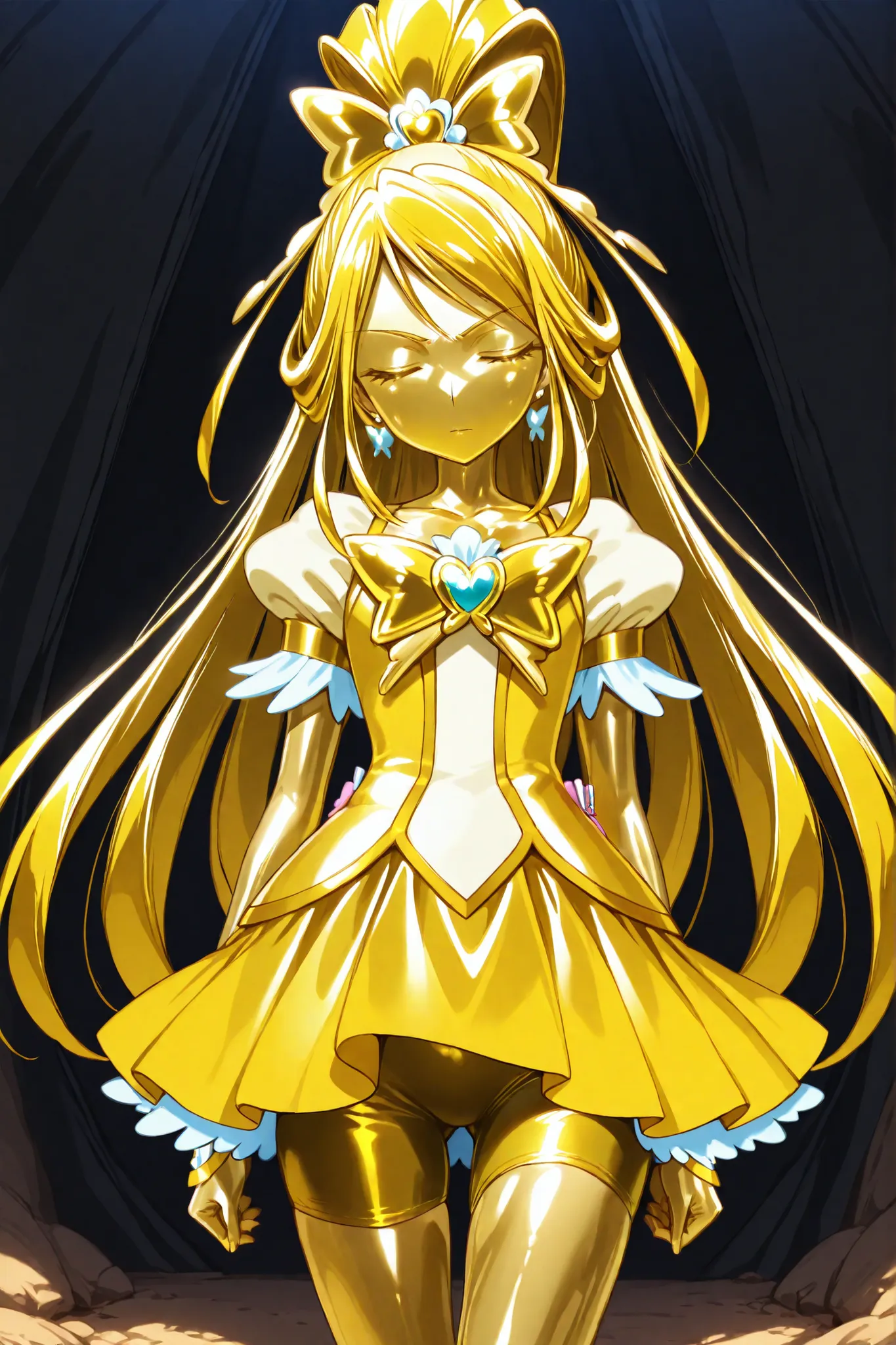 Cure Aqua, masterpiece, best quality, Newest, very high resolution, closed eyes, yellow hair,  yellow sclera, closed mouth, No students, Yellow skin, shiny skin,  metal skin, Black eyebrows, 1girl, solo, cowboy shot, standing, dynamic, viewers, I'm sleepin...