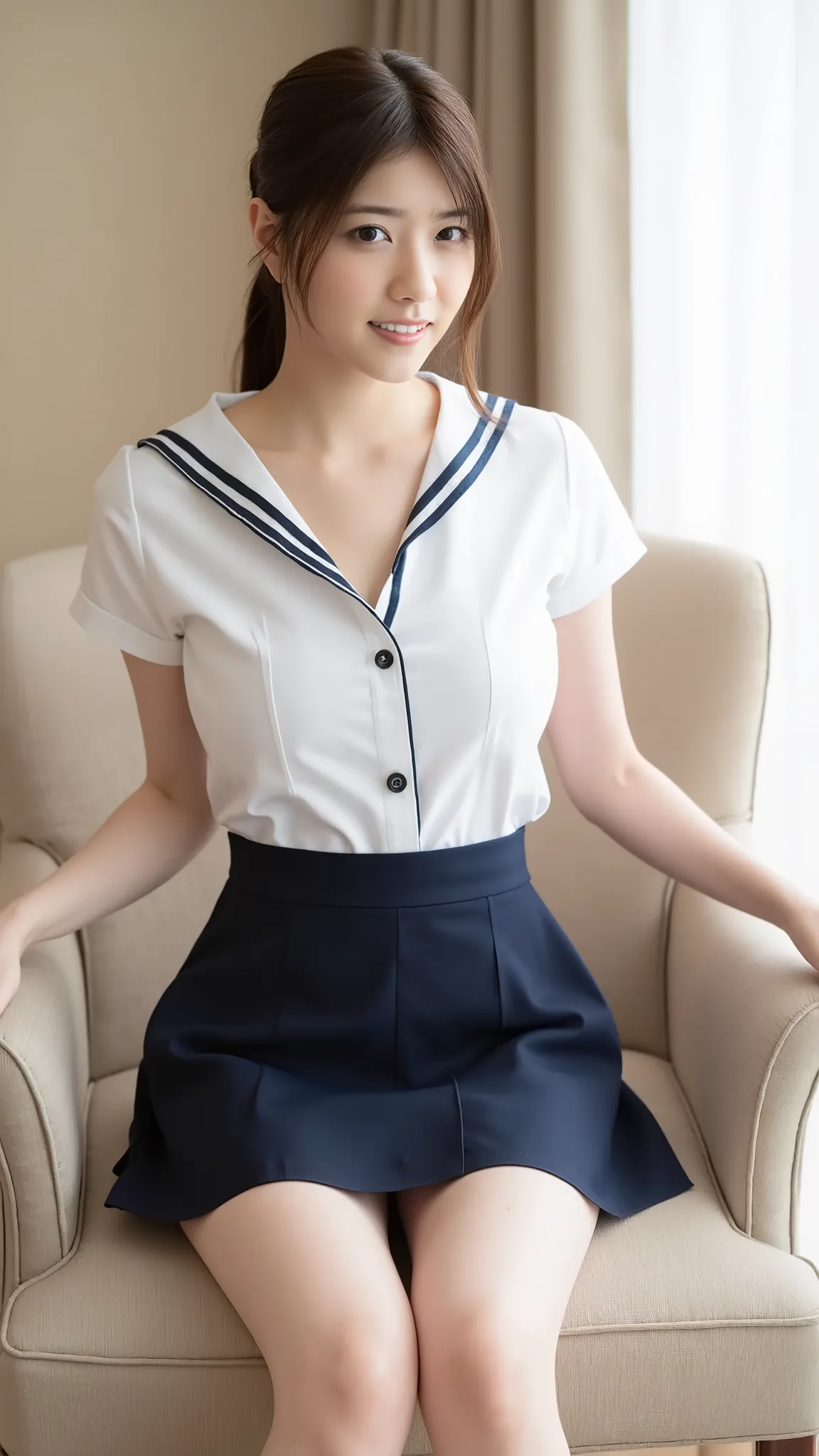 (Masterpiece, Best quality:1.4), (Ultra realistic, Photo-realistic:1.3), nsfw, ((Wearing Sailor suit, White short sleeve:1.3)), (Dark navy pleated skirt:1.2), (Wearing white sock), (small breasts), Natural light, 20 years old actor, Japanese woman named ri...