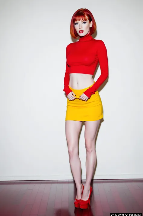 carolyn dunn, red hair, bobcut, gorgeous woman, vivid colors, full body, turtle neck, midriff, miniskirt