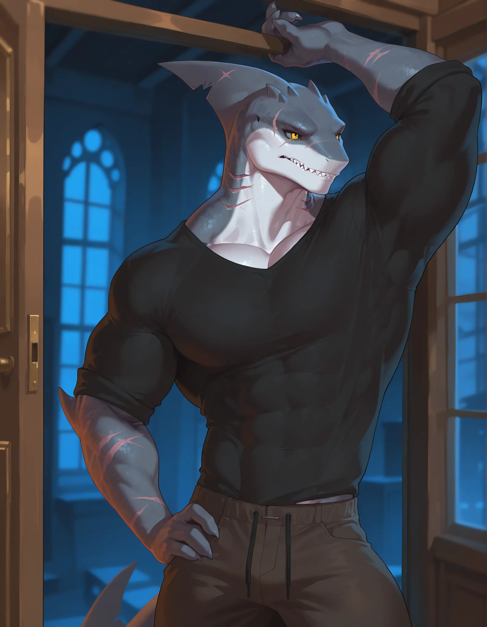 masterpiece, best quality, amazing quality, very aesthetic, absurdres, newest, scenery, extreme detail, 8k, dnd character, anthro shark, detailed eyes, yellow eyes, by Riolutiny, anthro, shark, male, scalie, anthro shark, anthro megalodon, hunk, gray body,...