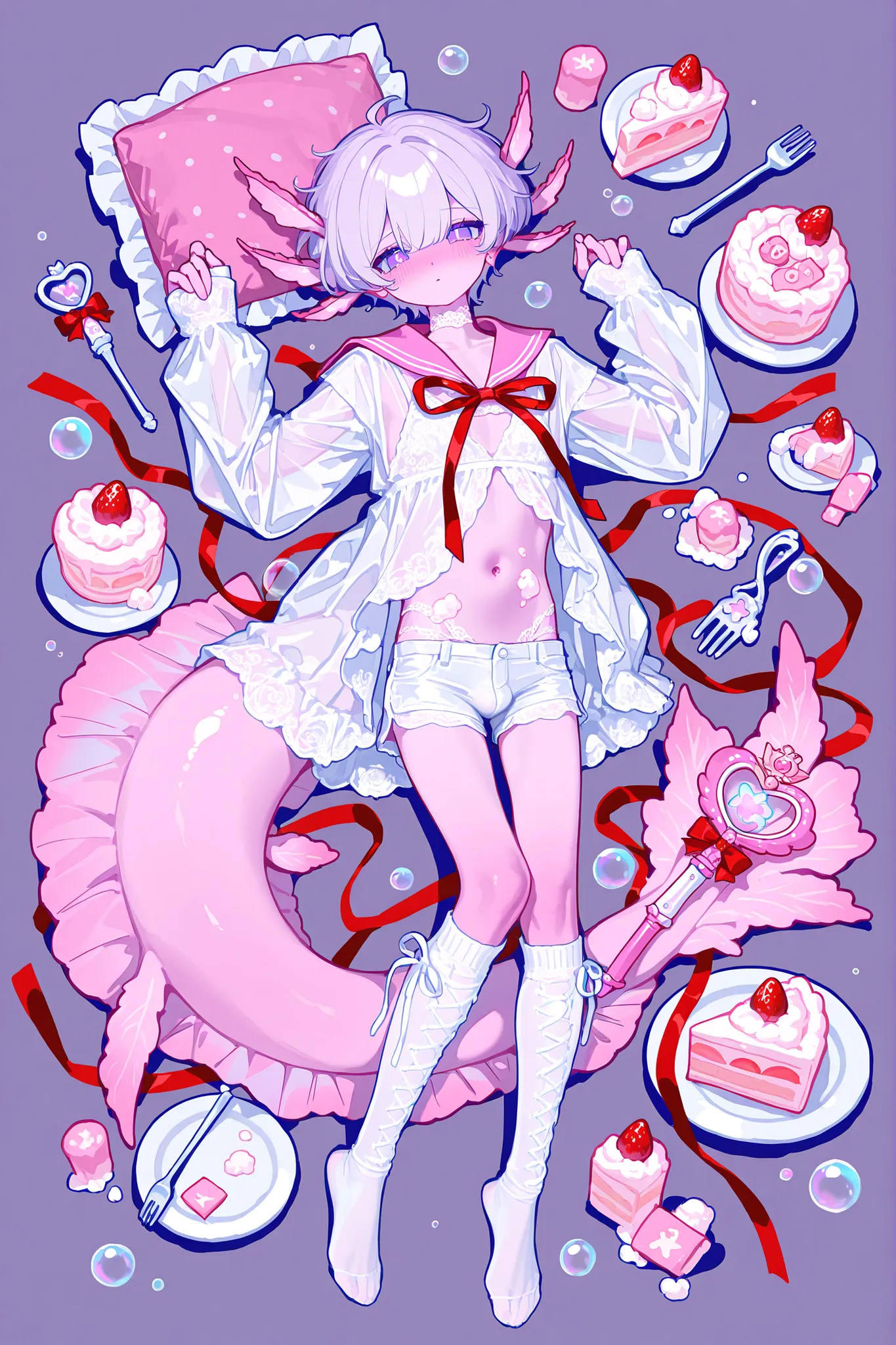 xxx667_illu,(male/boy character) The femboy idol. Beastman/furry/anthropomorphic axolotl. He has light pink skin covered with blush. He has a petite, flat-chested androgynous body structure. He has two-tone blue-purple eyes. He has pink short hair with Two...