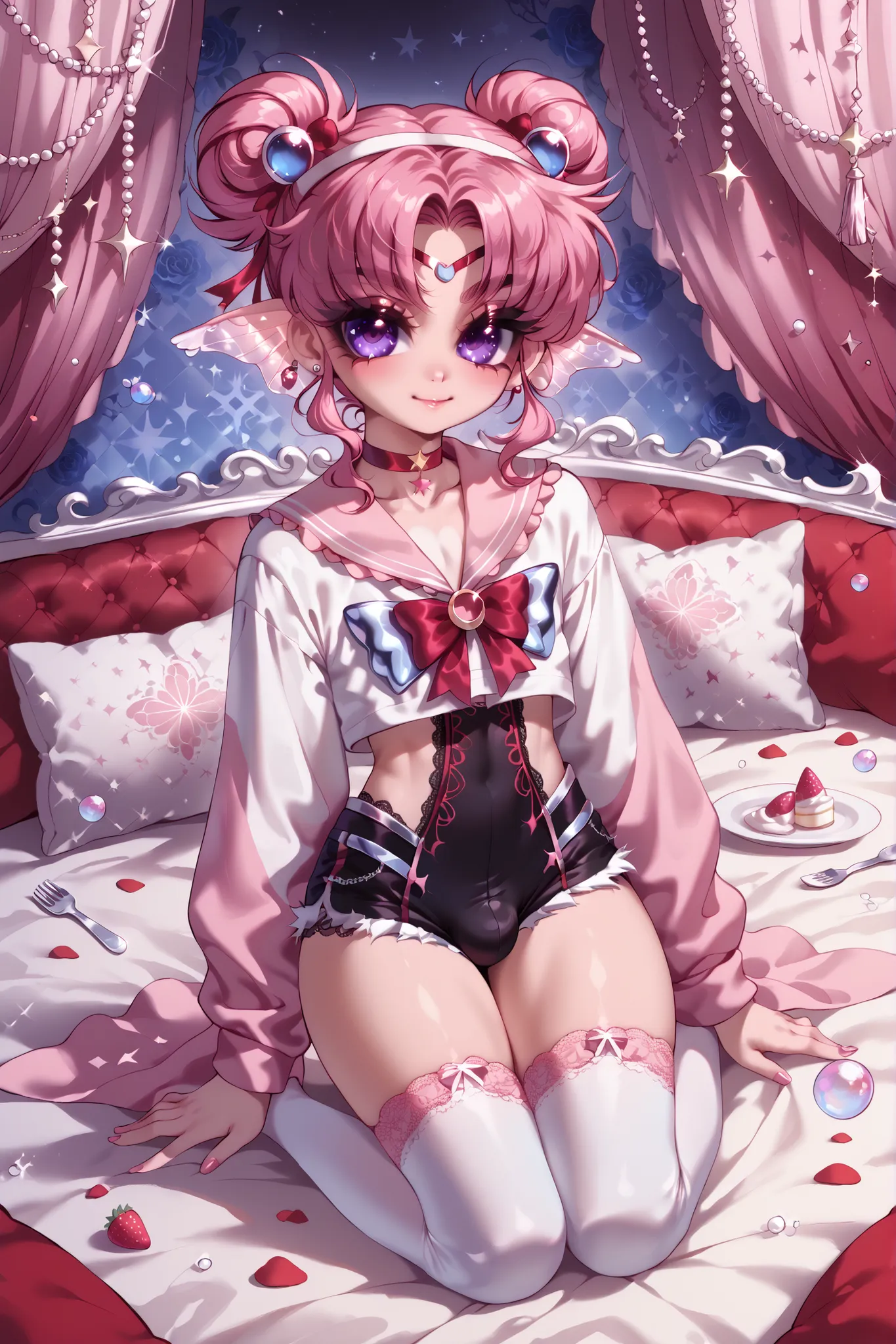 (male/boy character) The femboy idol. Beastman/furry/anthropomorphic axolotl. He has light pink skin covered with blush. He has a petite, flat-chested androgynous body structure. He has two-tone blue-purple eyes. He has pink short hair with Two-block boys'...