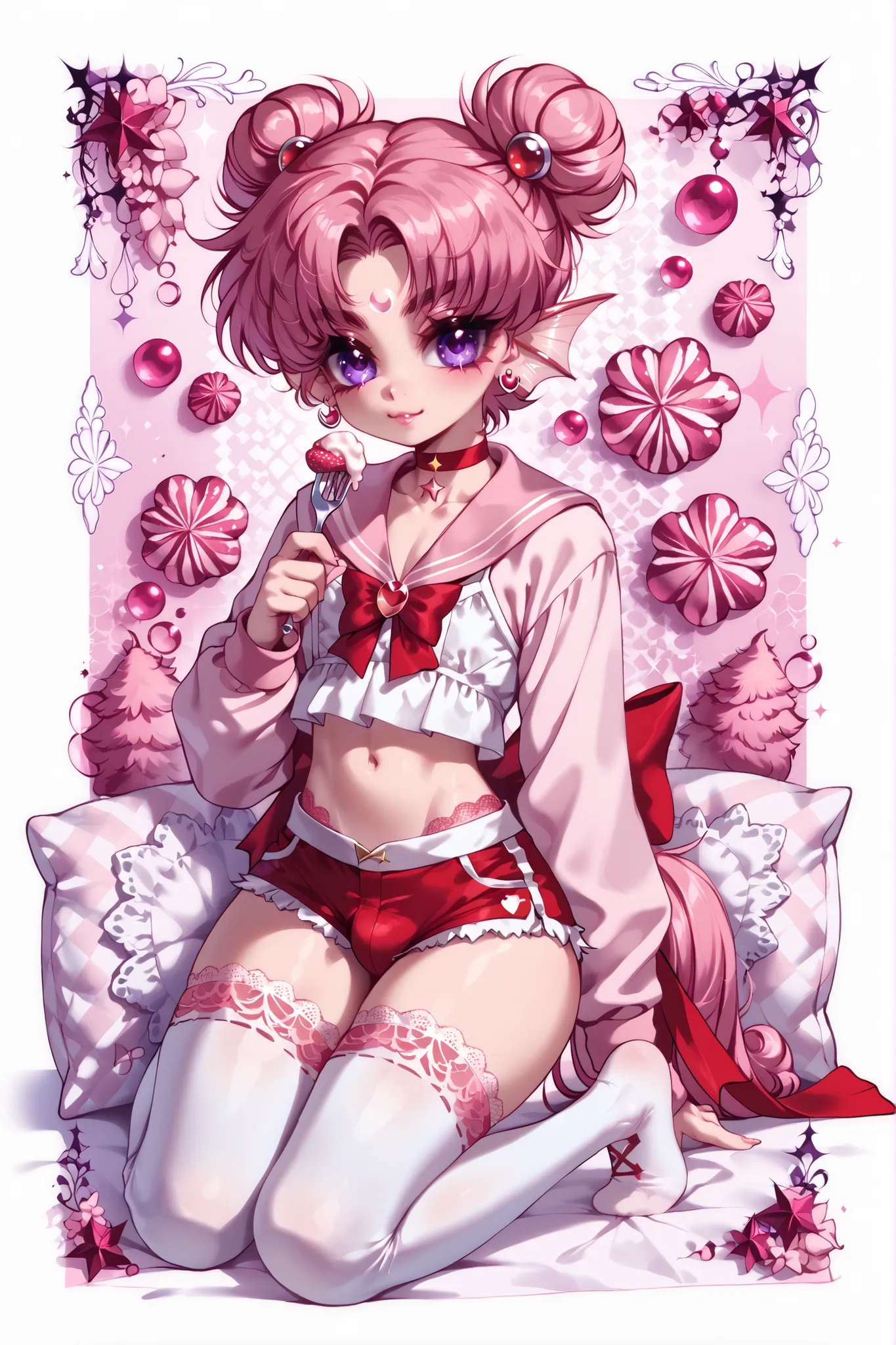 (male/boy character) The femboy idol. Beastman/furry/anthropomorphic axolotl. He has light pink skin covered with blush. He has a petite, flat-chested androgynous body structure. He has two-tone blue-purple eyes. He has pink short hair with Two-block boys'...