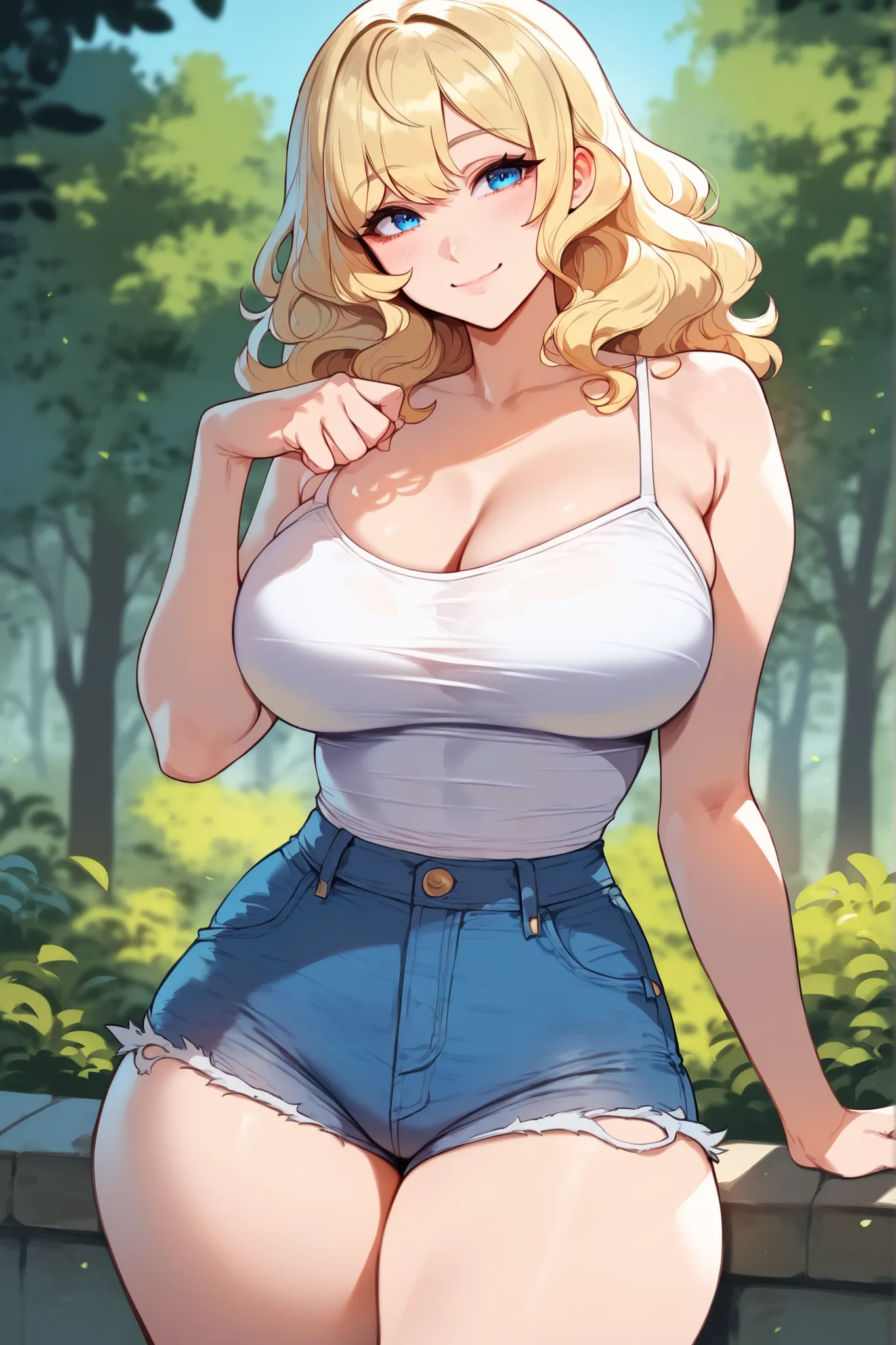 Detailed background, bold line, 4k, best quality, detailed eyes, 1girl, curvy, big breasts, medium hair, straight bangs, wavy hair, blonde hair, blue eyes, wearing denim shorts, white camisole, cute pose, smiling, park