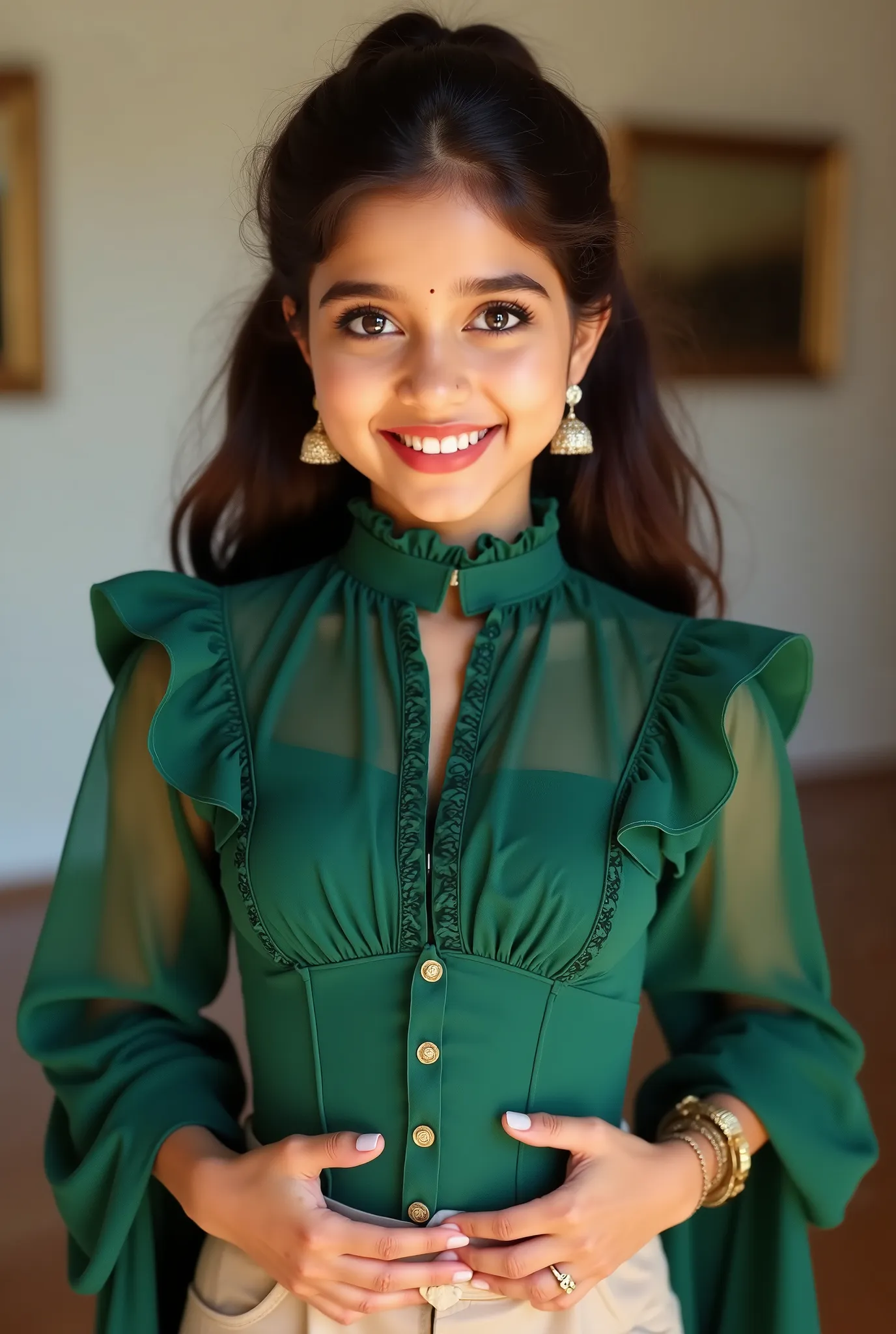 anaswarasdxl, cuteloli, Full image of a young girl with makeup, smiling, Indian skin tone, light brown eyes, fox-eyelashes, silver color eyeshadow, glossy red lips. Her hairs are long, brown, stylish and wavy. She is wearing a Green Ruffled High Neck Corse...