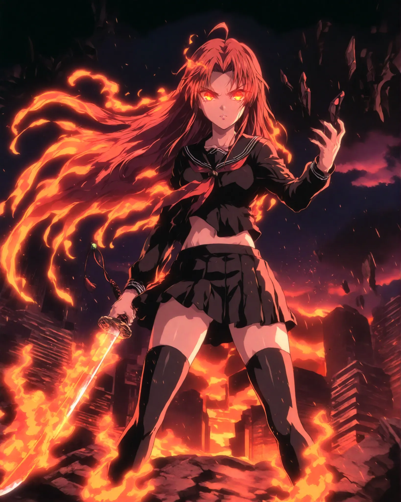 An anime-style girl with long, flowing crimson red hair and glowing fiery eyes stands in a dramatic battle pose. She wields a flaming katana, its blade surrounded by vibrant orange and red fire. Her black school uniform contrasts with the burning energy ar...