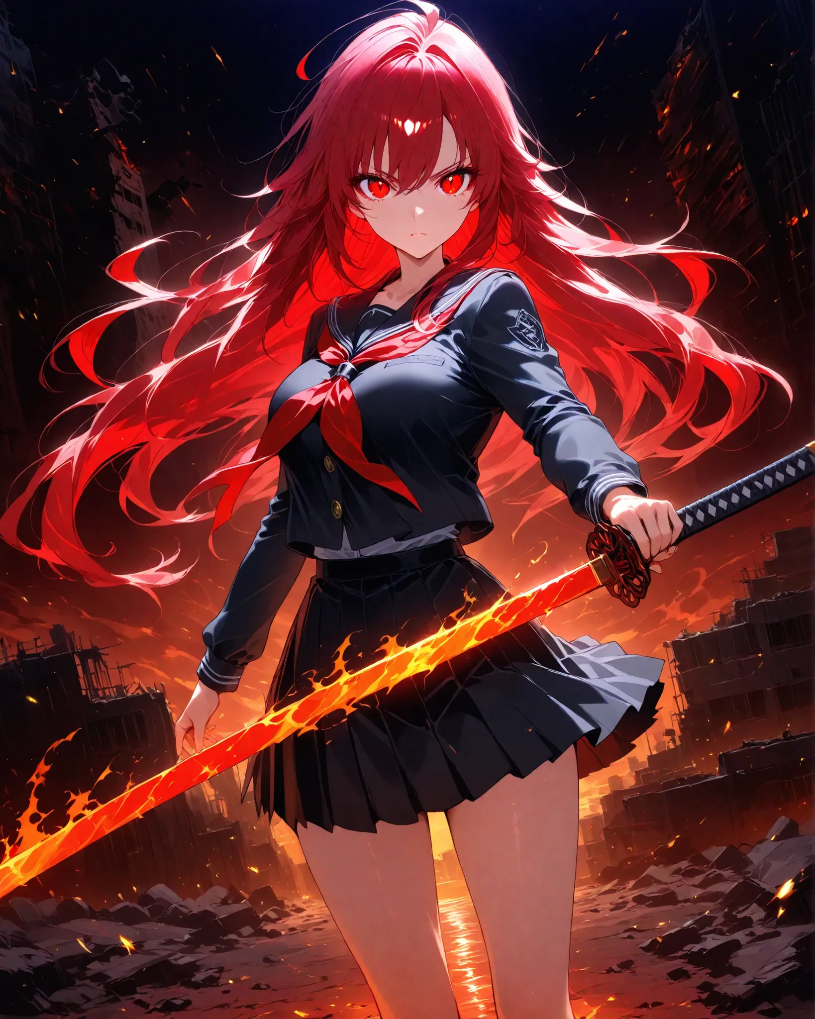 An anime-style girl with long, flowing crimson red hair and glowing fiery eyes stands in a dramatic battle pose. She wields a flaming katana, its blade surrounded by vibrant orange and red fire. Her black school uniform contrasts with the burning energy ar...