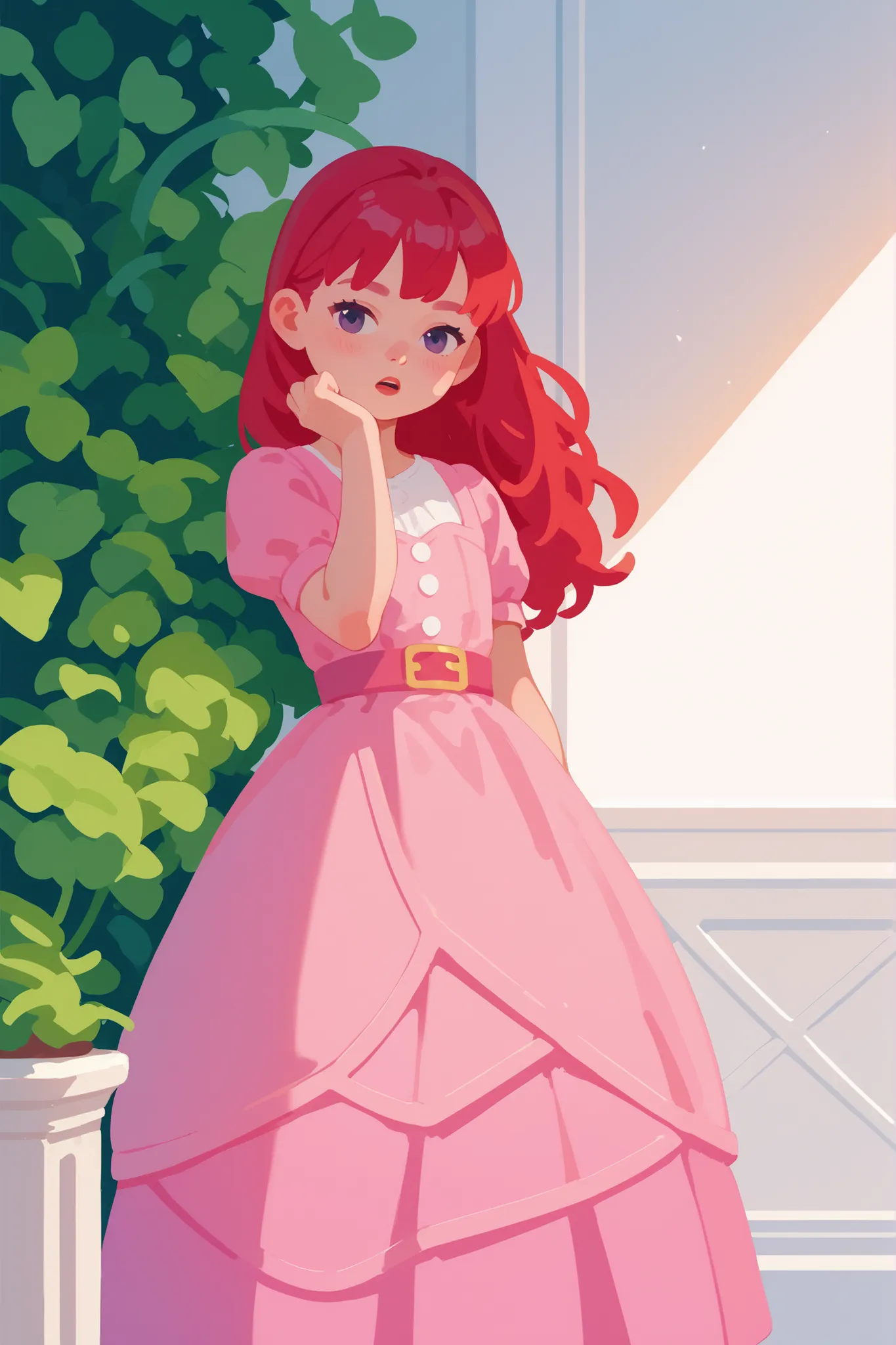 flat cartoon, 1girl, anime, Young girl, red-haired, using pink dress