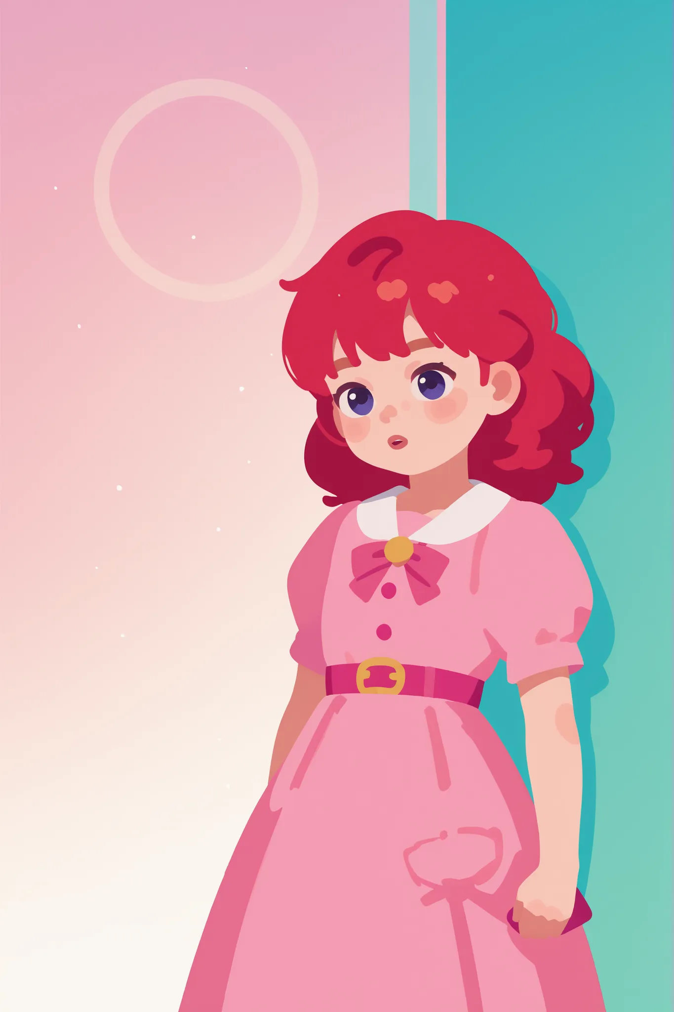 flat cartoon, 1girl, anime, Young girl, red-haired, using pink dress