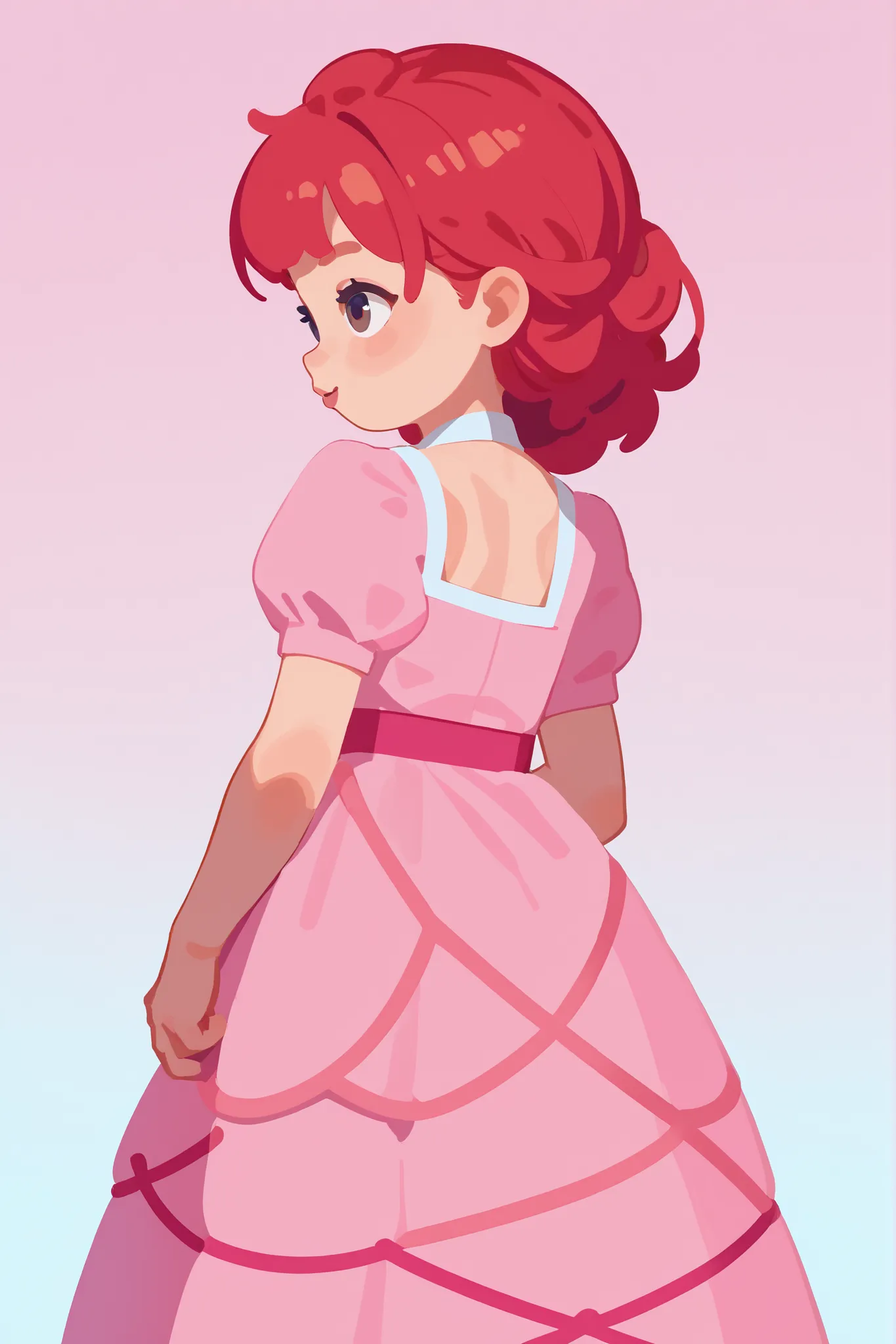 flat cartoon, 1girl, anime, Young girl, red-haired, using pink dress