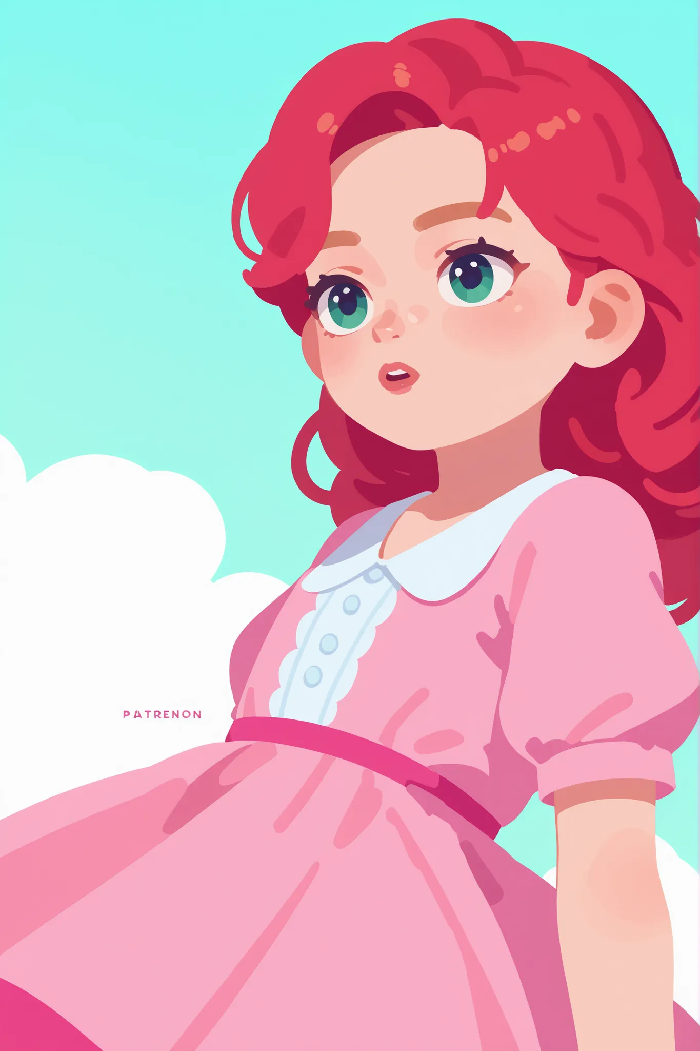 flat cartoon, 1girl, anime, Young girl, red-haired, using pink dress