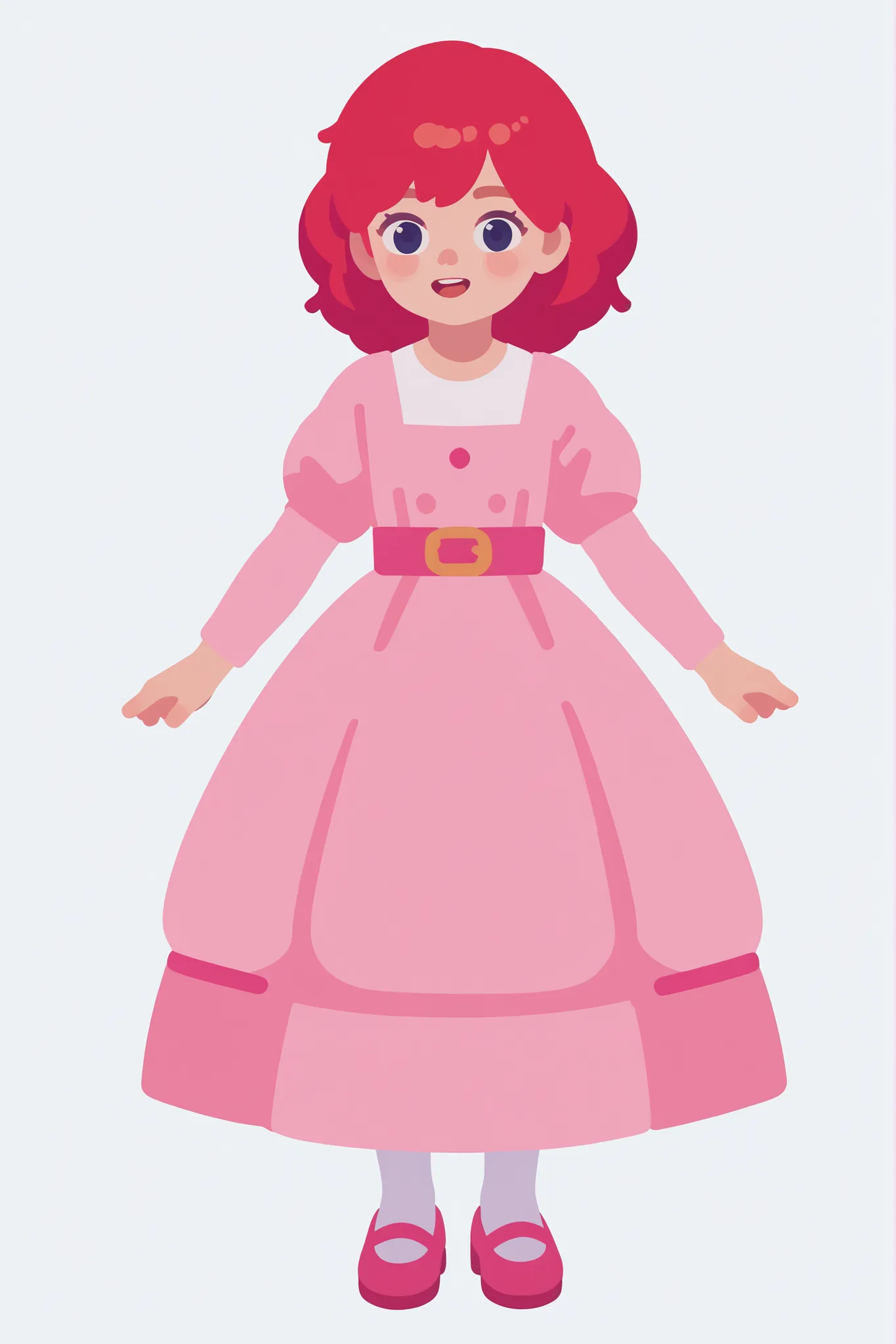 flat cartoon, 1girl, anime, Young girl, red-haired, using pink dress