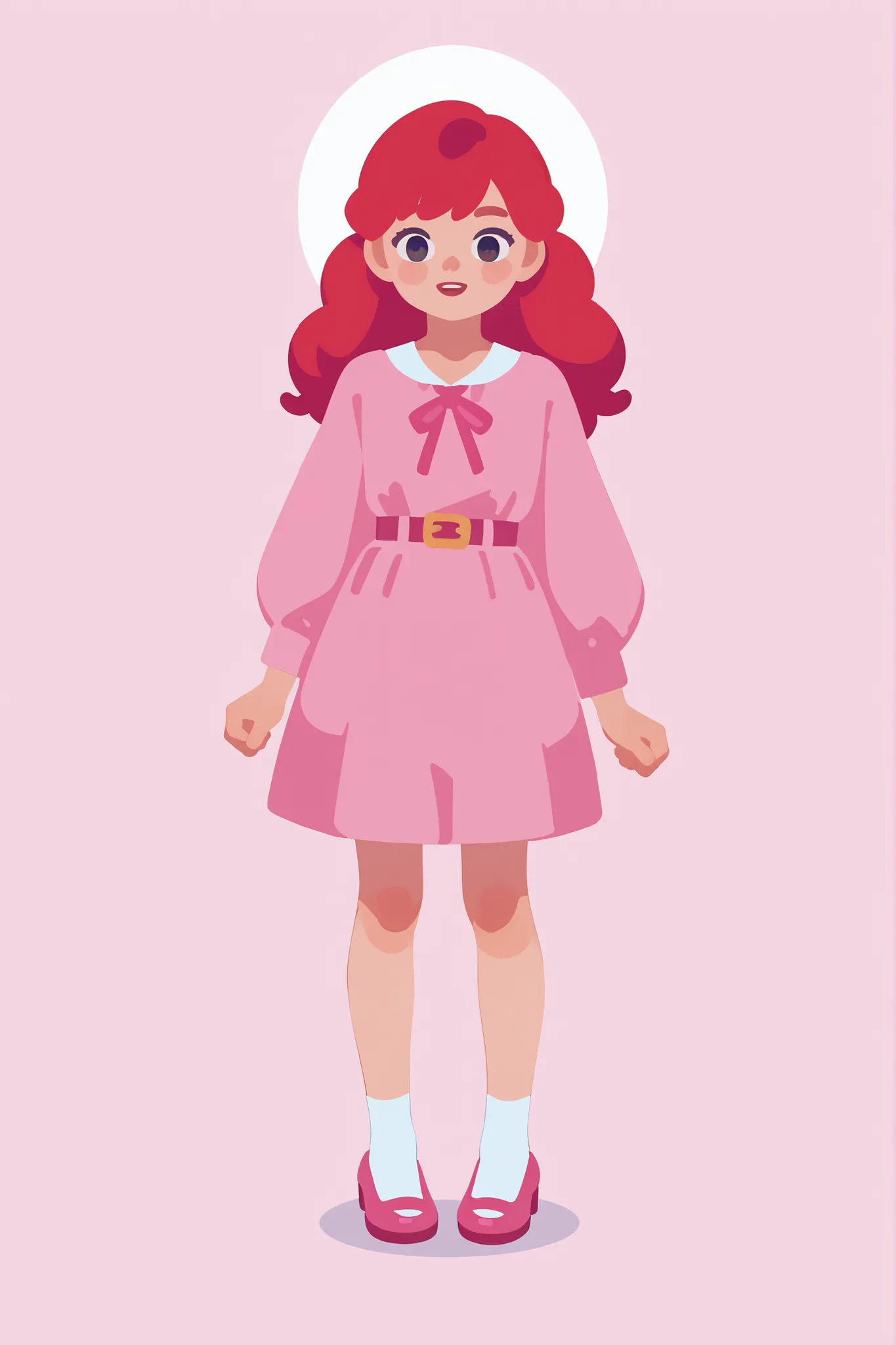flat cartoon, 1girl, anime, Young girl, red-haired, using pink dress