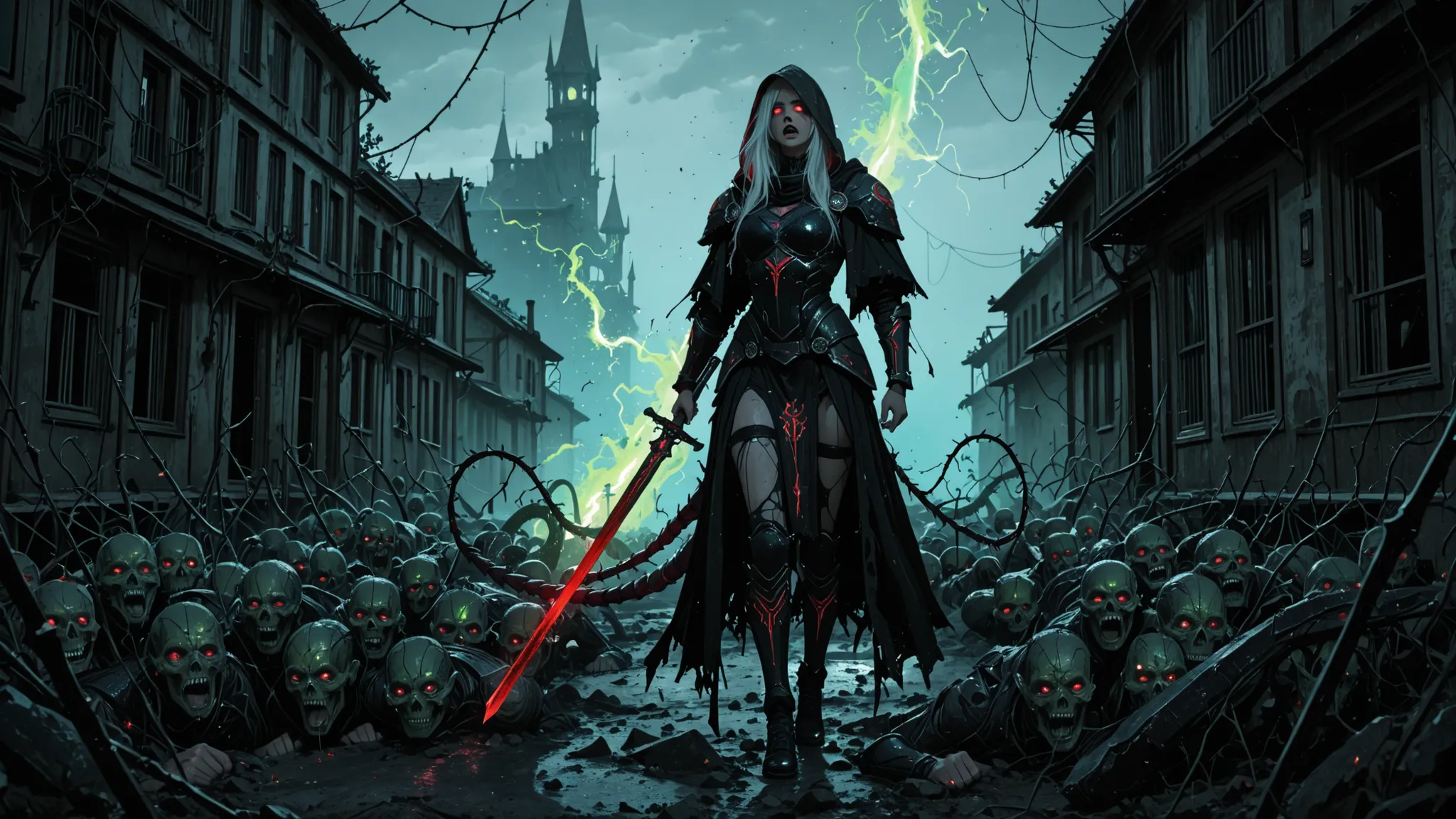 masterpiece, best quality, amazing quality, very aesthetic, high resolution, ultra-detailed, absurdres, newest, scenery, semi realism, a futuristic cyberpunk girl with white hair, Dark fantasy portrait of a sinister Drukhari elven assasin in corrupted armo...