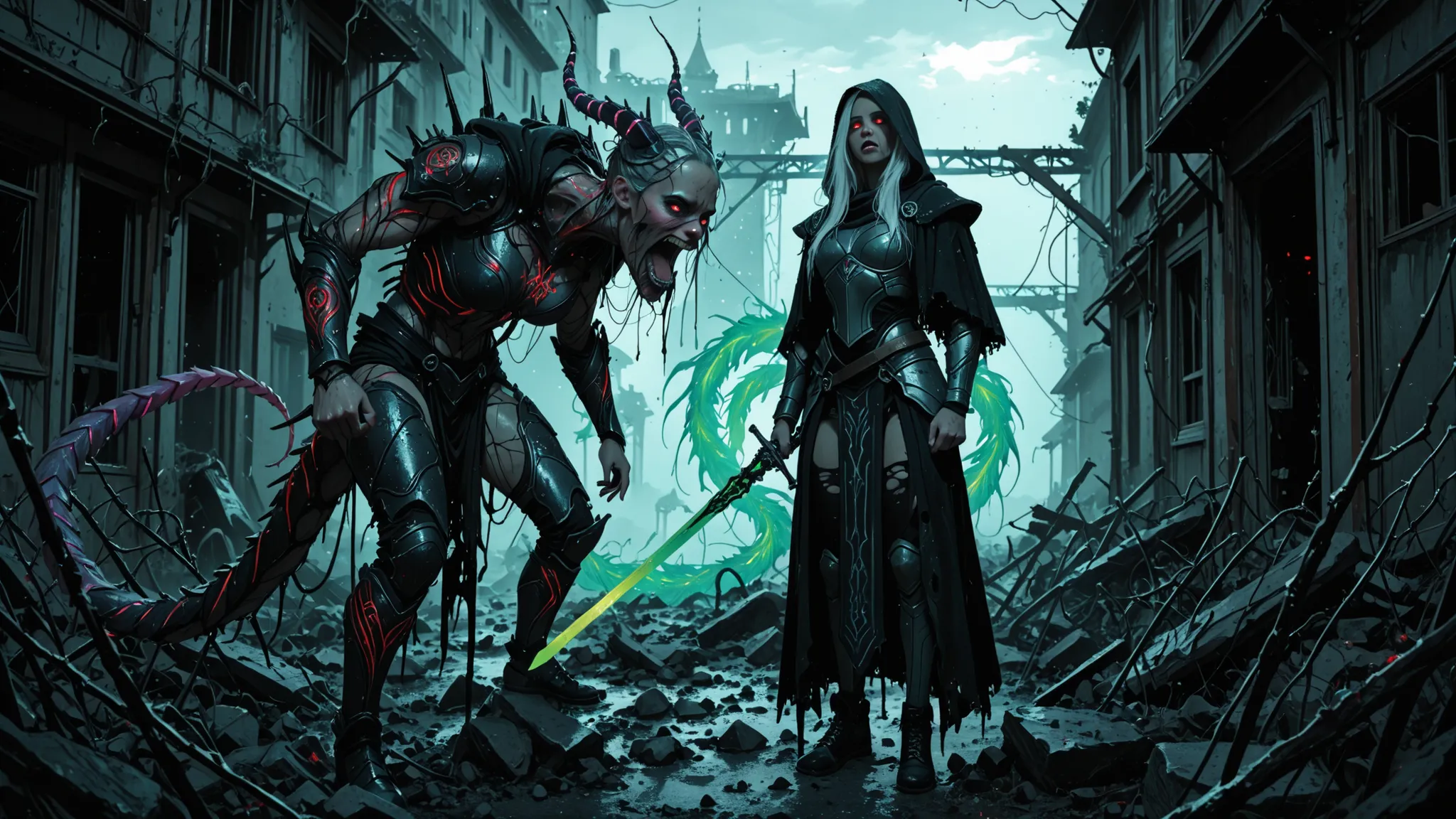 masterpiece, best quality, amazing quality, very aesthetic, high resolution, ultra-detailed, absurdres, newest, scenery, semi realism, a futuristic cyberpunk girl with white hair, Dark fantasy portrait of a sinister Drukhari elven assasin in corrupted armo...