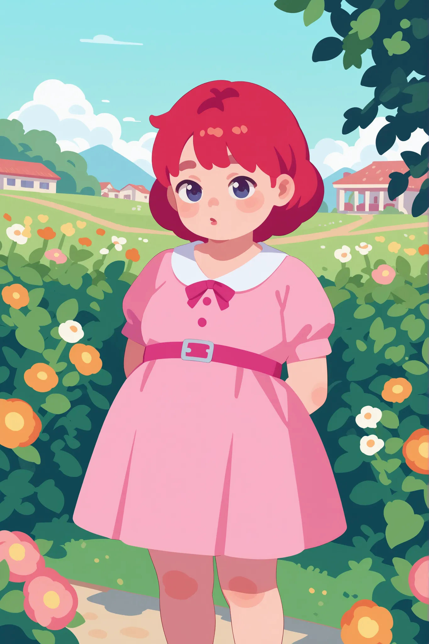 flat cartoon, 1girl, anime, Young girl, chubby body, red-haired, using pink dress