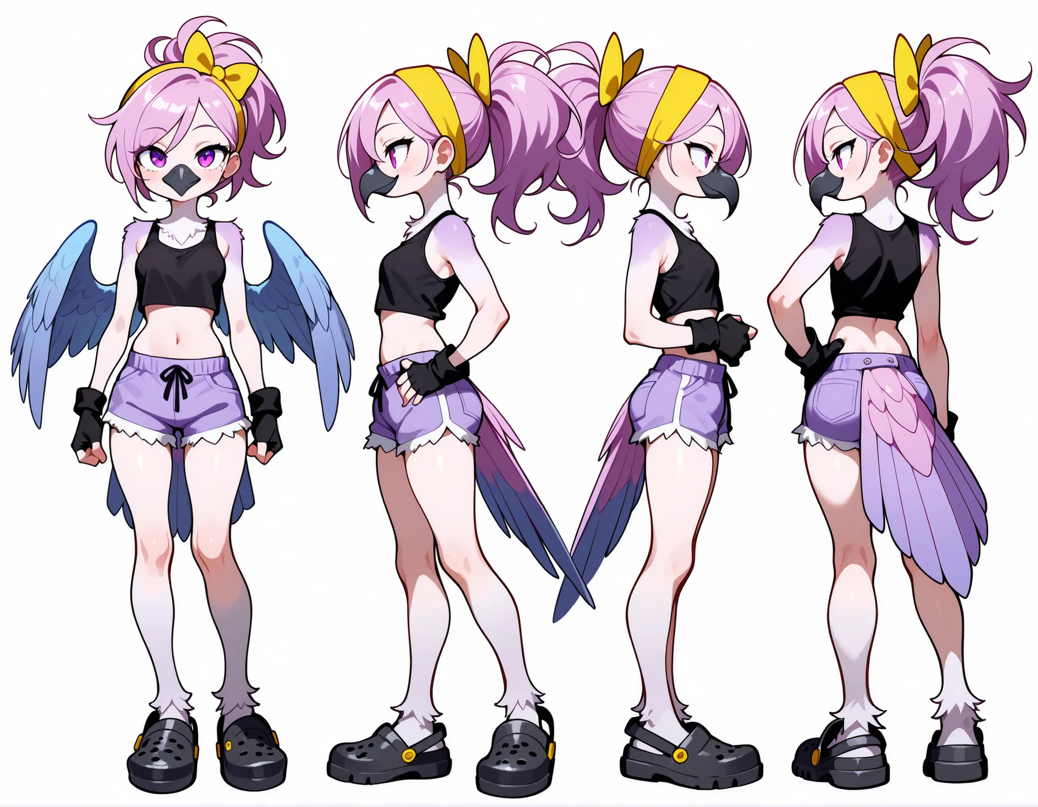 score_9, score_8_up, score_7_up, 1girl, solo, masterpiece, best quality, amazing quality, very aesthetic, absurdres, source furry, bird, magenta eyes, light purple body fur, (magenta hair, punk hairstyle, long side hair, messy spiky ponytail), looking at v...
