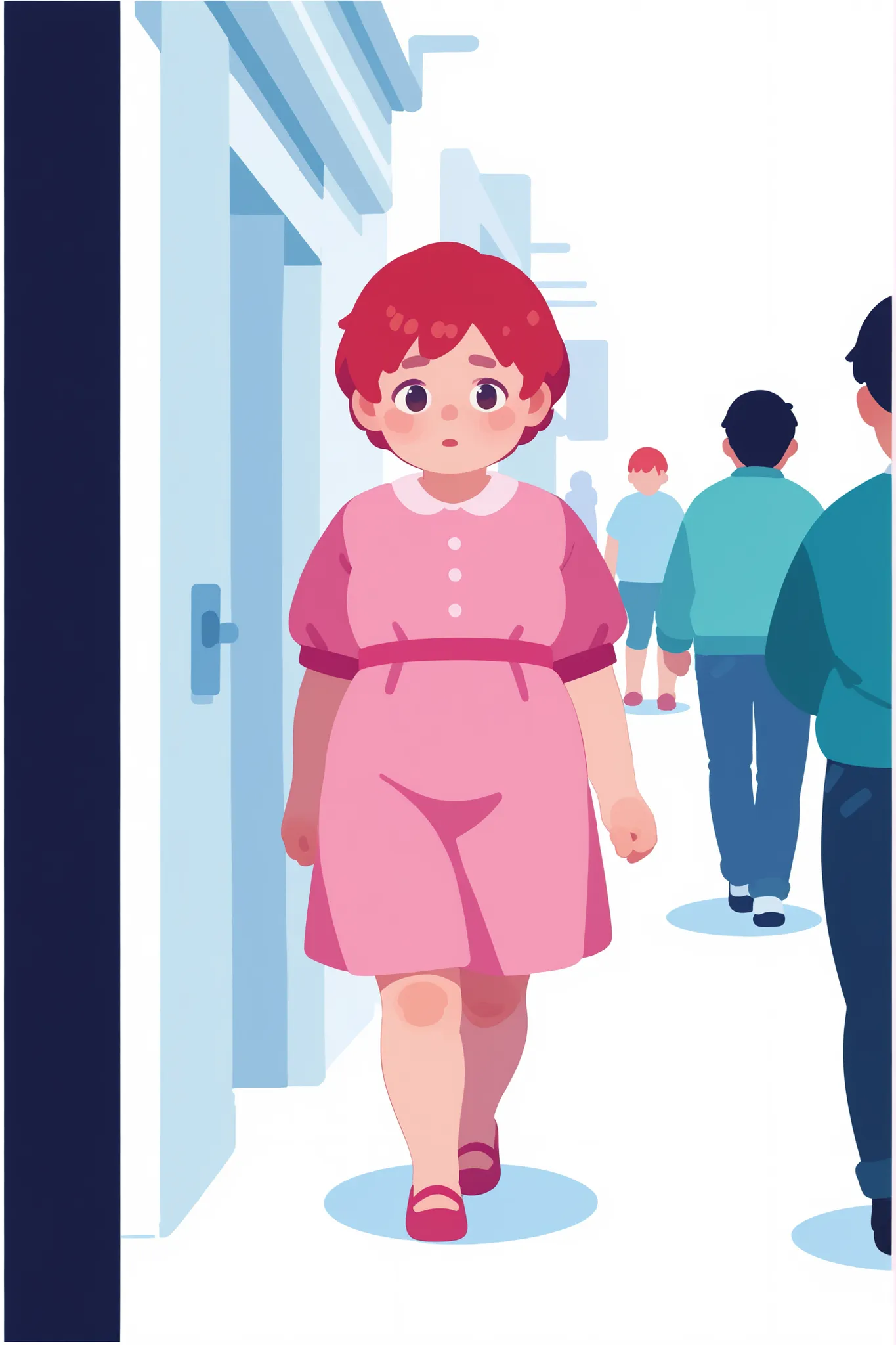 flat cartoon, 1girl, anime, Young girl, chubby body, red-haired, short hair, using pink dress, shy expression, walking, looking at the camera, full body, white background