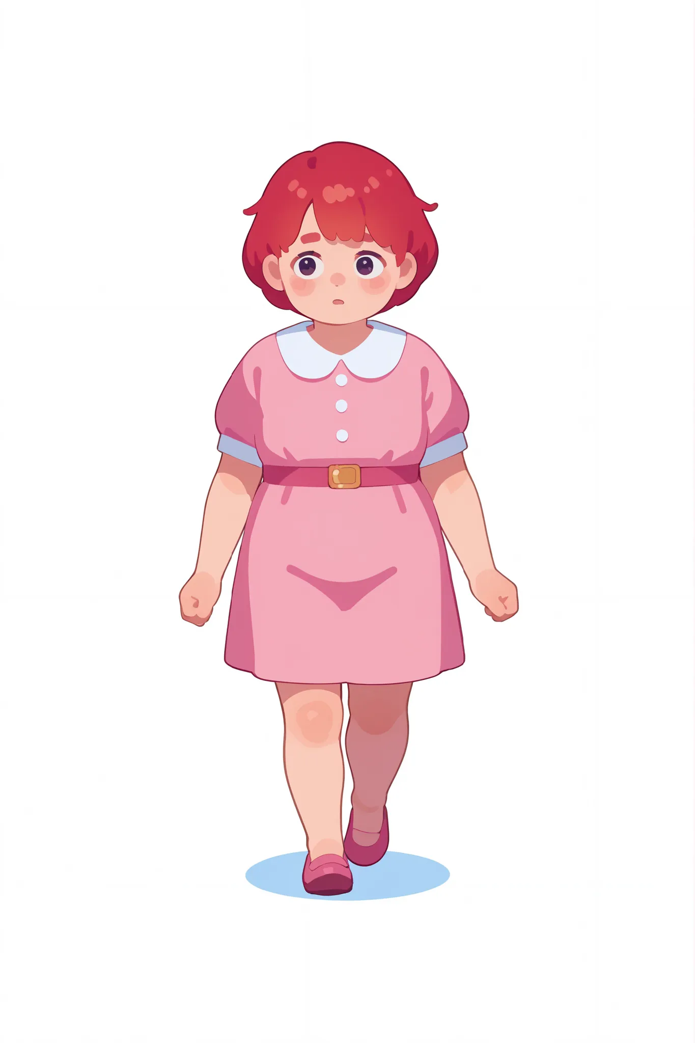 flat cartoon, 1girl, anime, Young girl, chubby body, red-haired, short hair, using pink dress, shy expression, walking, looking at the camera, full body, white background