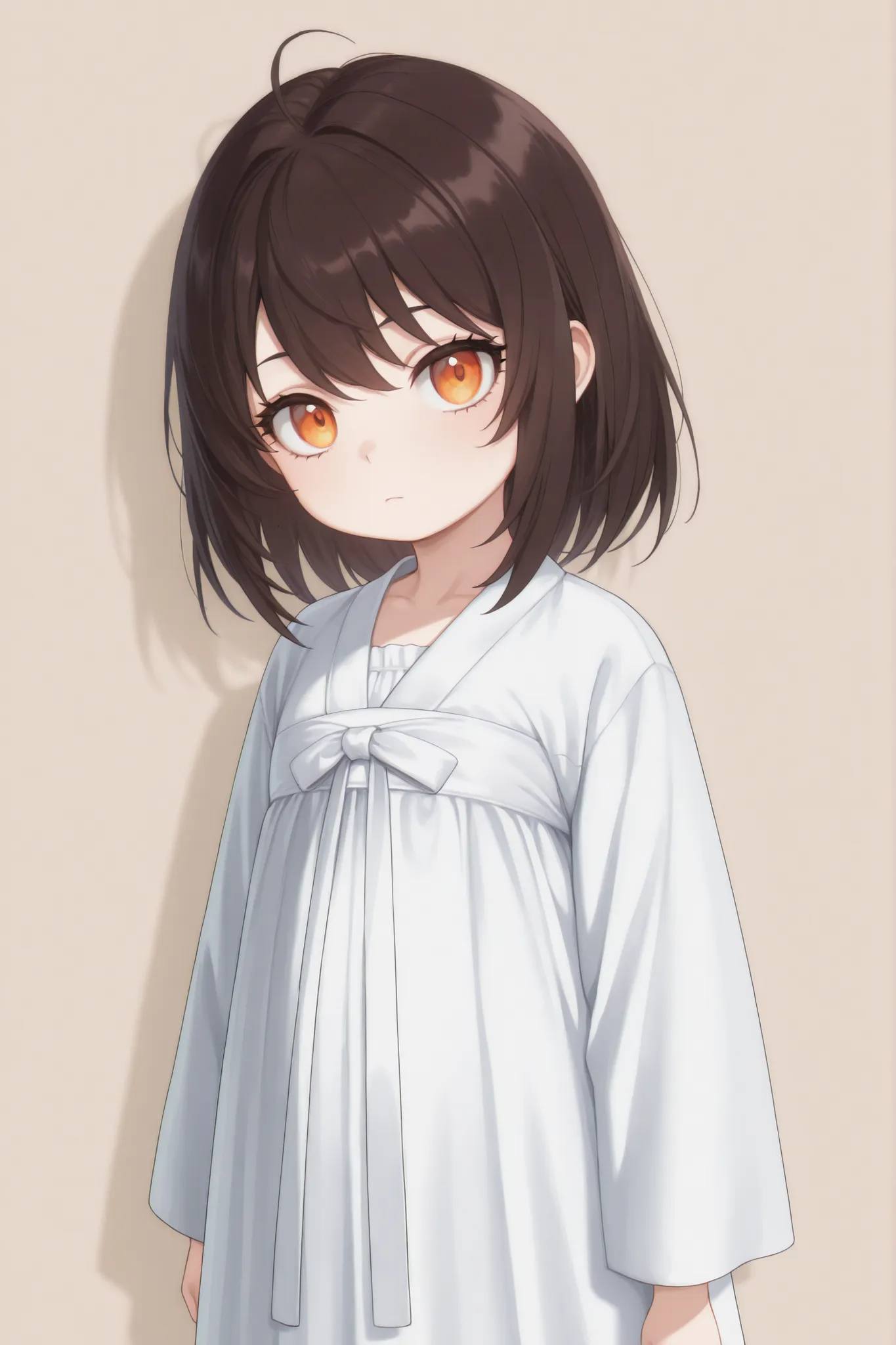 masterpiece, mejor calidad, newest, safe, good anatomy, good resolution, good lighting.  beautiful, anime, , adorable. Little girl, dark brown hair. Intense orange eyes. black eyelashes, piel clara. Age: 5, It measures 110 cm. looking at the viewer, Alone,...