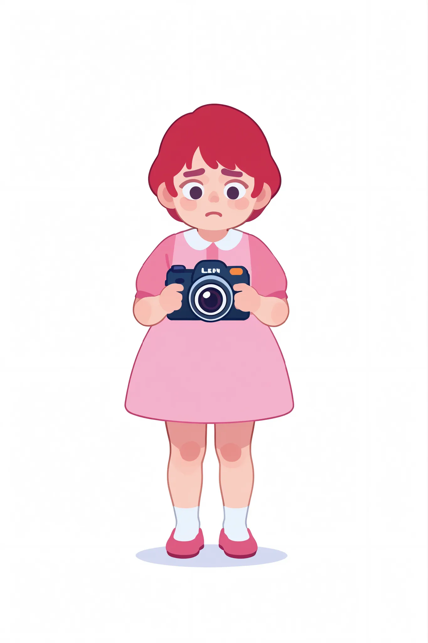 flat cartoon, 1girl, anime, Young girl, chubby body, red-haired, short hair, using pink dress, troubled expression, nervous, standing still, low angle camera, full body, white background
