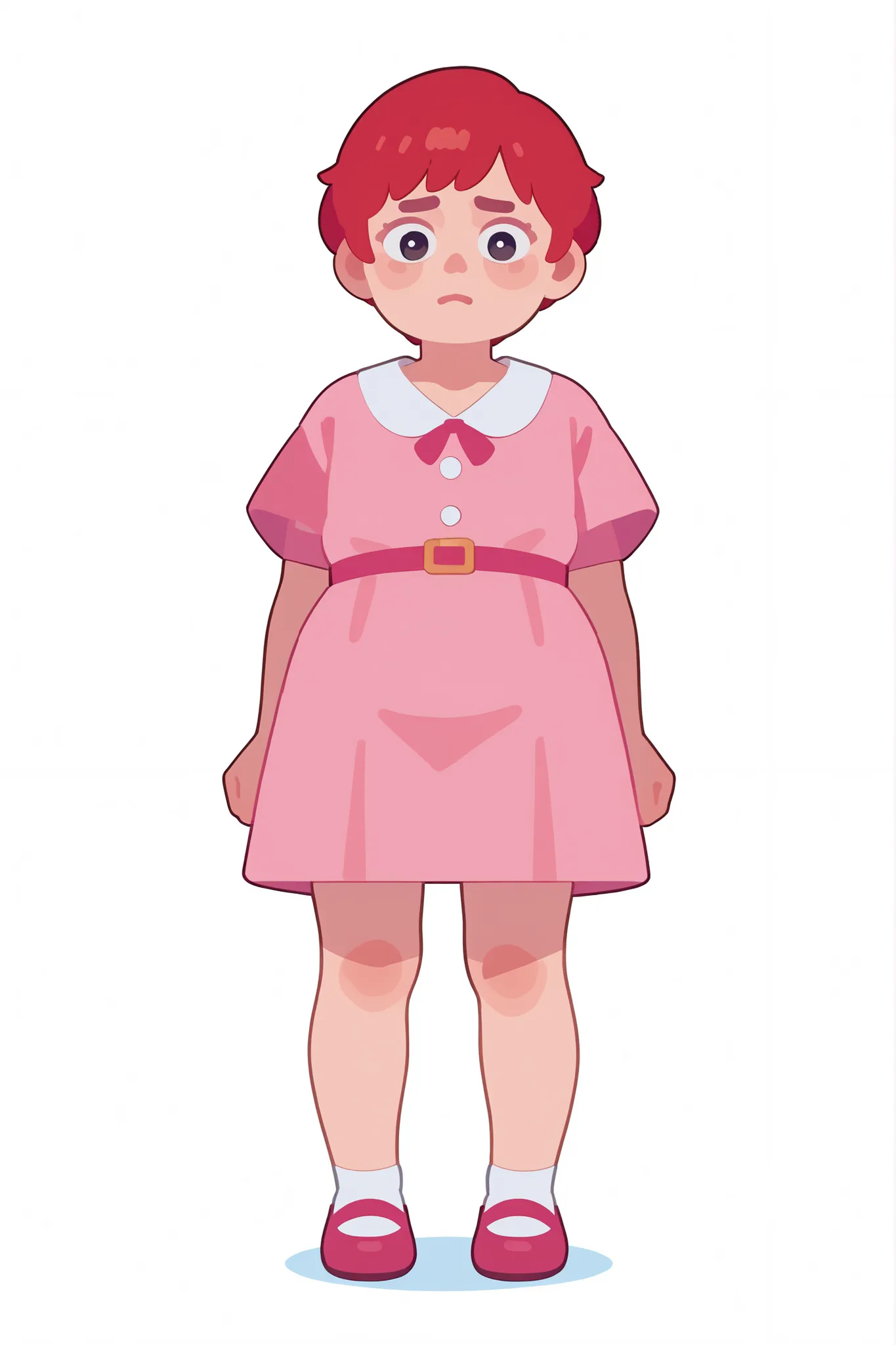 flat cartoon, 1girl, anime, Young girl, chubby body, red-haired, short hair, using pink dress, troubled expression, nervous, standing still, low angle camera, full body, white background