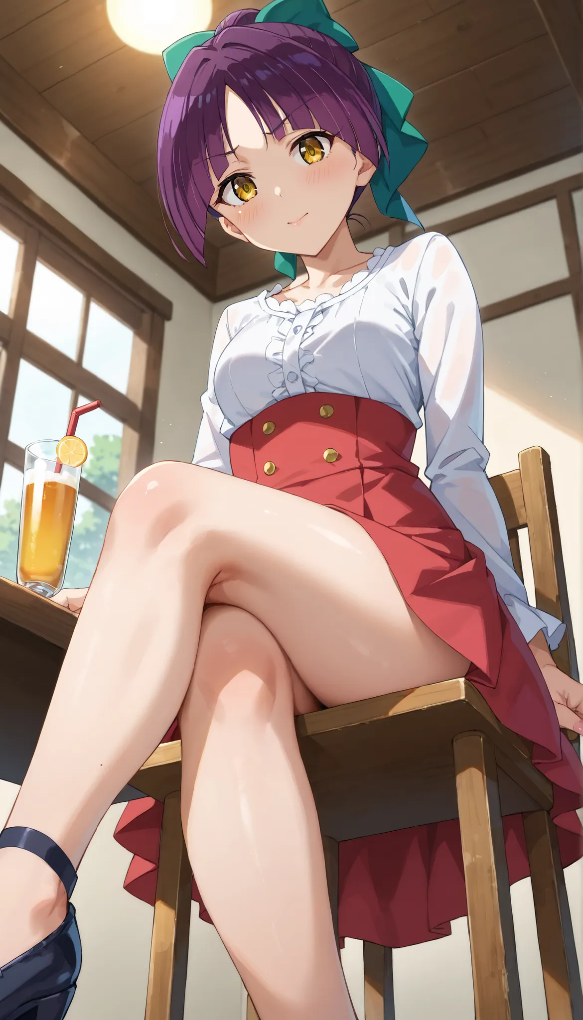 Masterpiece、(((Nekomusume [6th] (GeGeGe no Kitaro) ))),big eyes、chairs、leg crossed,Bare legs、((angle from below))、(Indoor)、Daytime、Yellow Eyes、Ulchan -6500-v1.1, (RAW pictures:1.2), BEAUTIFUL DETAILS, Very Detailedな目 美しい目,beautiful eyes、 file size, high re...