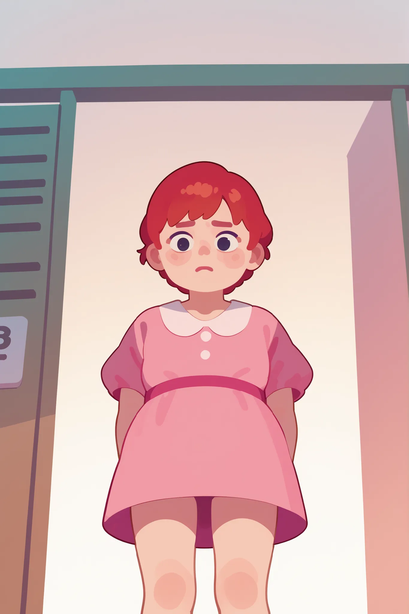 Flat cartoon, 1girl, anime, Young girl, chubby body, red-haired, short hair, using pink dress, troubled expression, nervous, standing still, view from below, closeup