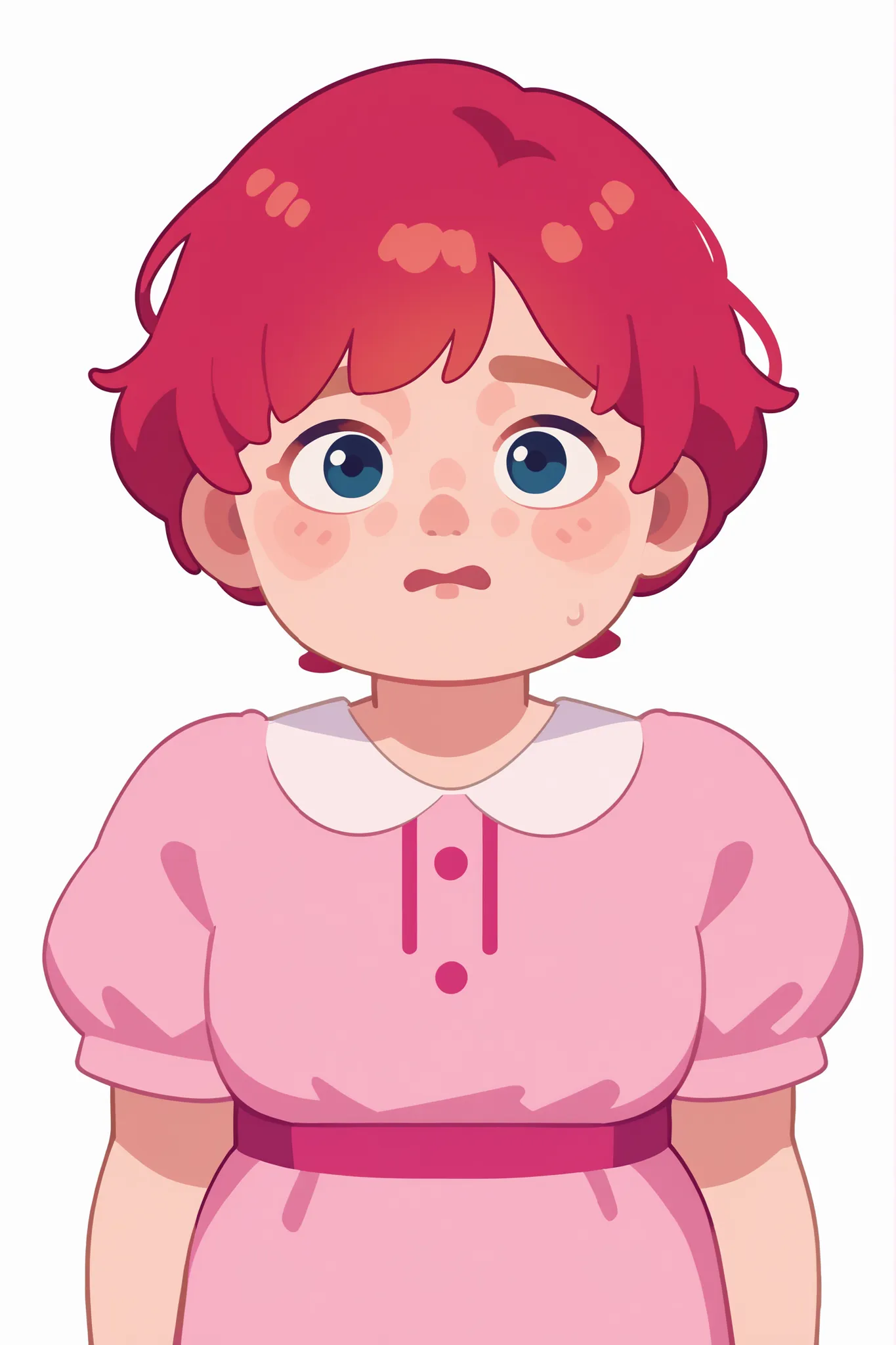 Flat cartoon, 1girl, anime, Young girl, chubby body, red-haired, short hair, using pink dress, nervous expression, looking behind shoulder, face close up